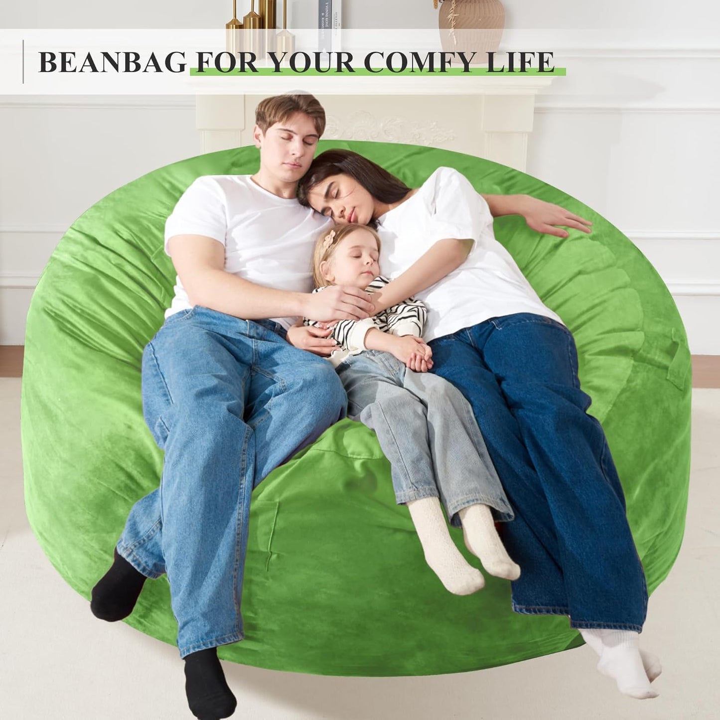 Homguava 6 FT Bean Bag Chair: 6' Bean Bags with Memory Foam Filled, Large Beanbag Chairs Soft Sofa with Dutch Velvet Cover-Lime