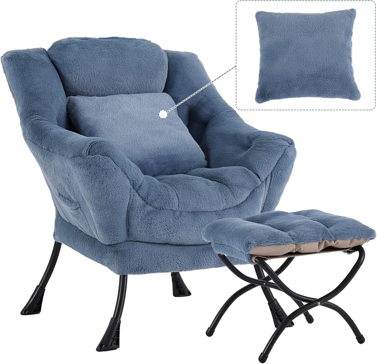 Lazy Chair with Ottoman, Comfy Reading Lounge Chair with Footstool & Throw Pillow Modern with Armrests & Side Pocket for Living Room, Bedroom, Dorm Room, Plush Light Blue