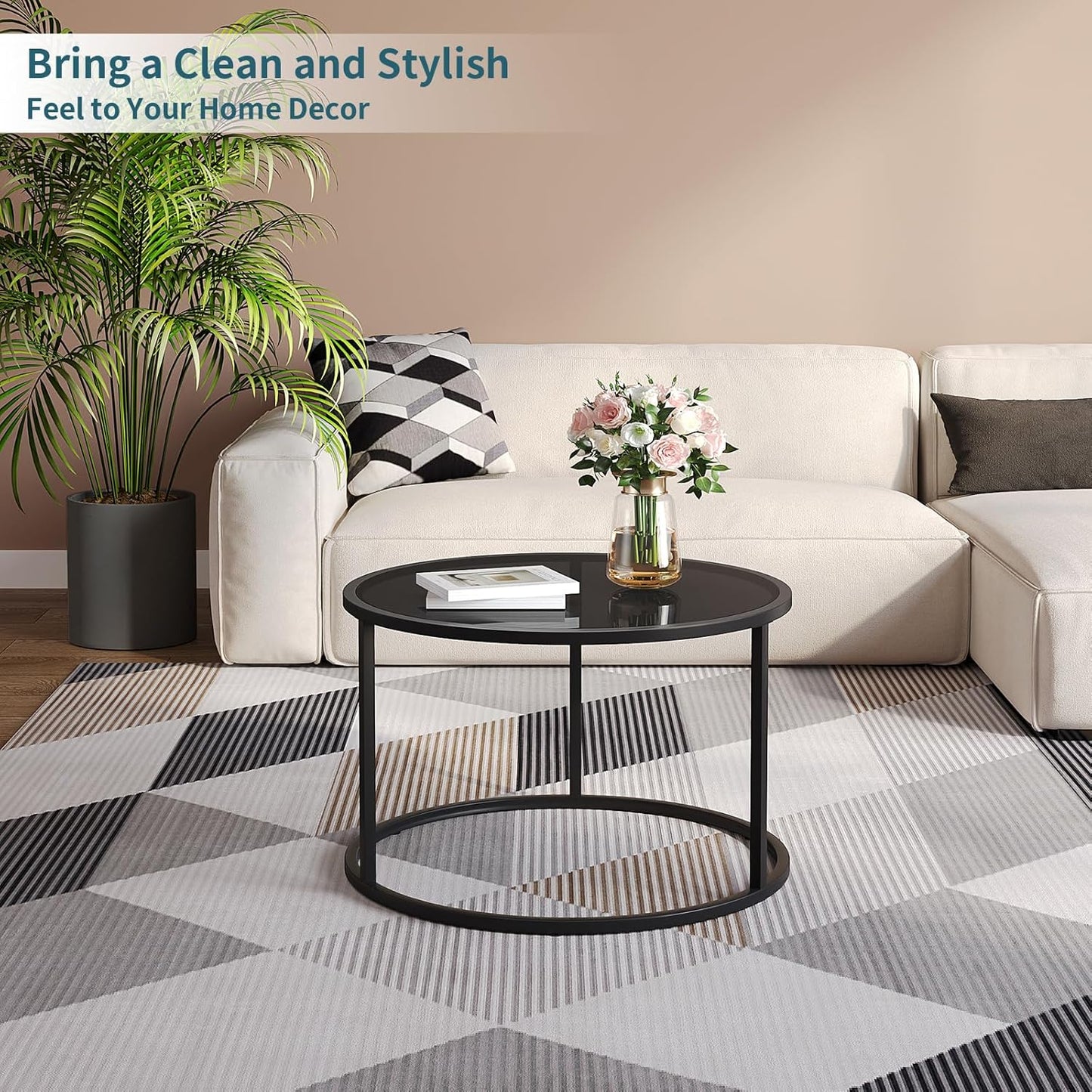 SAYGOER Black Glass Coffee Table Small Round Coffee Tables 27.6In Modern Tempered Glass-Top Accent Center Table for Living Room Home Office Small Space Easy Assembly