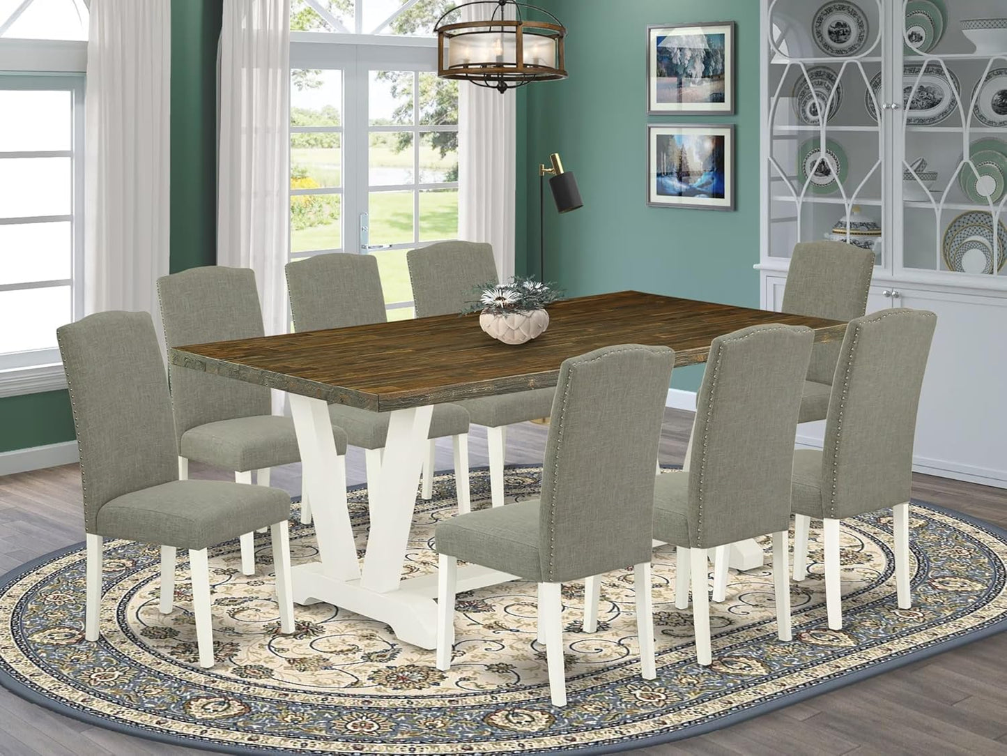 East West Furniture V077EN206-9 9 Piece Modern Dining Table Set Includes a Rectangle Wooden Table with V-Legs and 8 Dark Shitake Linen Fabric Parsons Dining Chairs, 40x72 Inch, Multi-Color