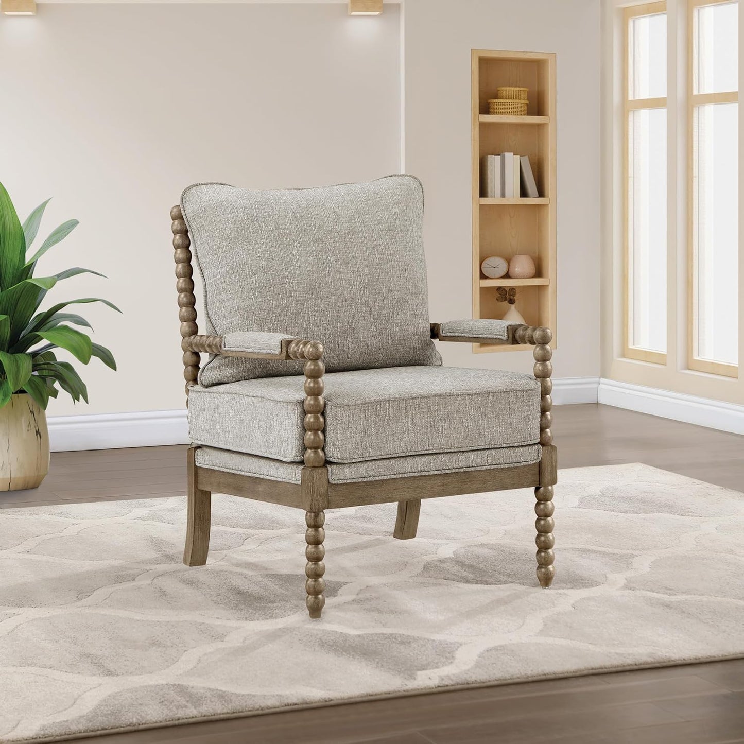 OSP Home Furnishings Fletcher Spindle Accent Chair with Rustic Brown Finish, Fog Beige Upholstery
