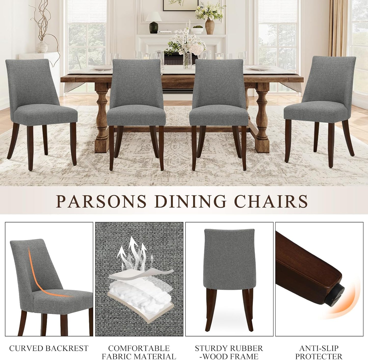 COLAMY Upholstered Dining Chairs Set of 6, Mid Century Modern Kitchen Chairs with Back, Farmhouse Fabric Side Dining Room Chairs with Wood Legs for Dining Room Restaurant, Light Grey