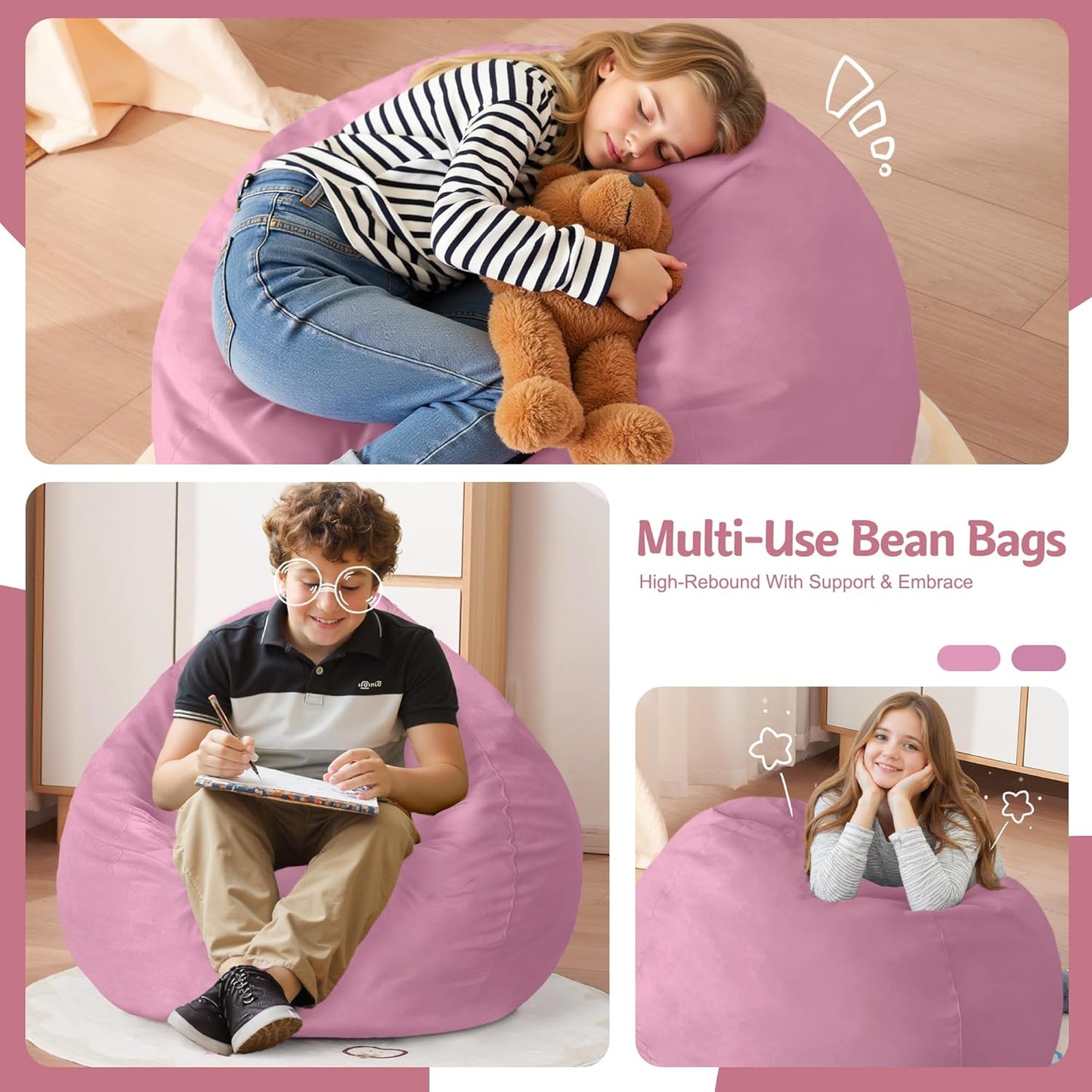 Homguava 2FT Bean Bag Chair: 2' Bean Bags with Memory Foam Filled,Comfy Beanbag Chairs Round Bean Bag Sofa with Dutch Velvet Cover-Dusty Pink