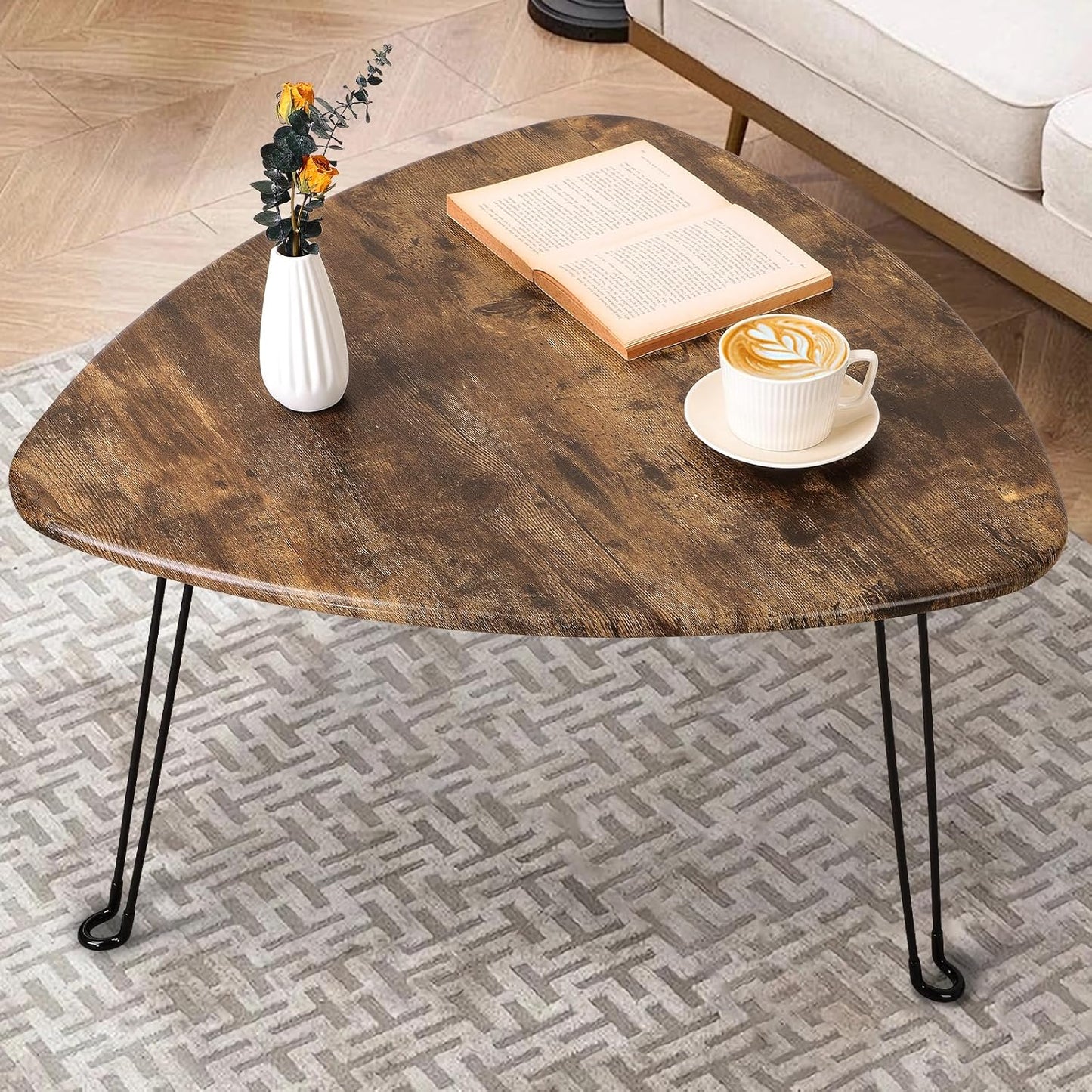 Folding Coffee Table Triangle Designs Oval Coffee Tables Mid Century Wooden Triangular Accent Table with Metal Legs Foldable Industrial Sofa Center Table for Living Room Space Saving