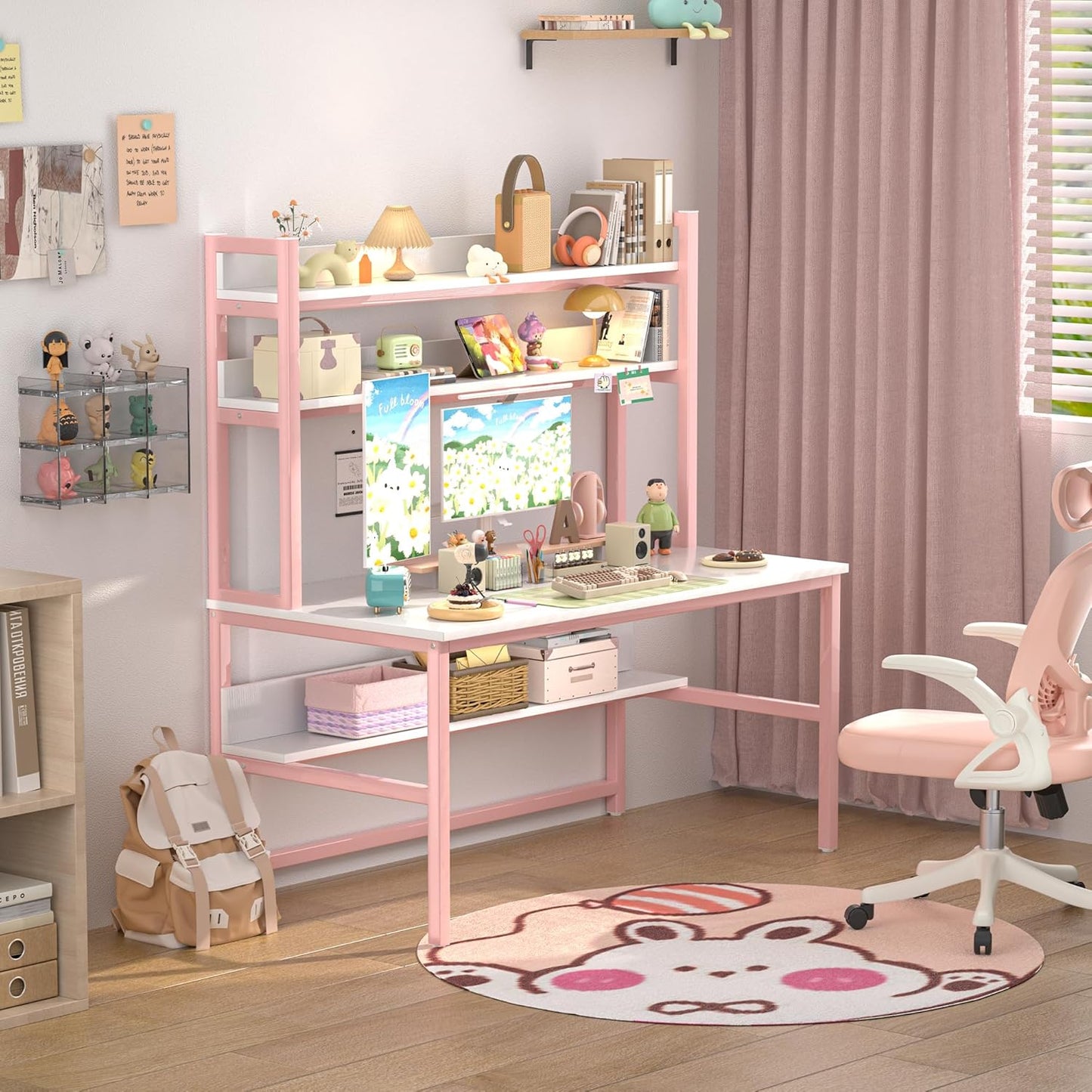 Aquzee Pink Desk with Hutch for Girls, 55in Computer Desk with Bookshelf for Teens Adults, Craft Table for Bedroom Kids Room, White Pink Study Table with Shelves for Storage