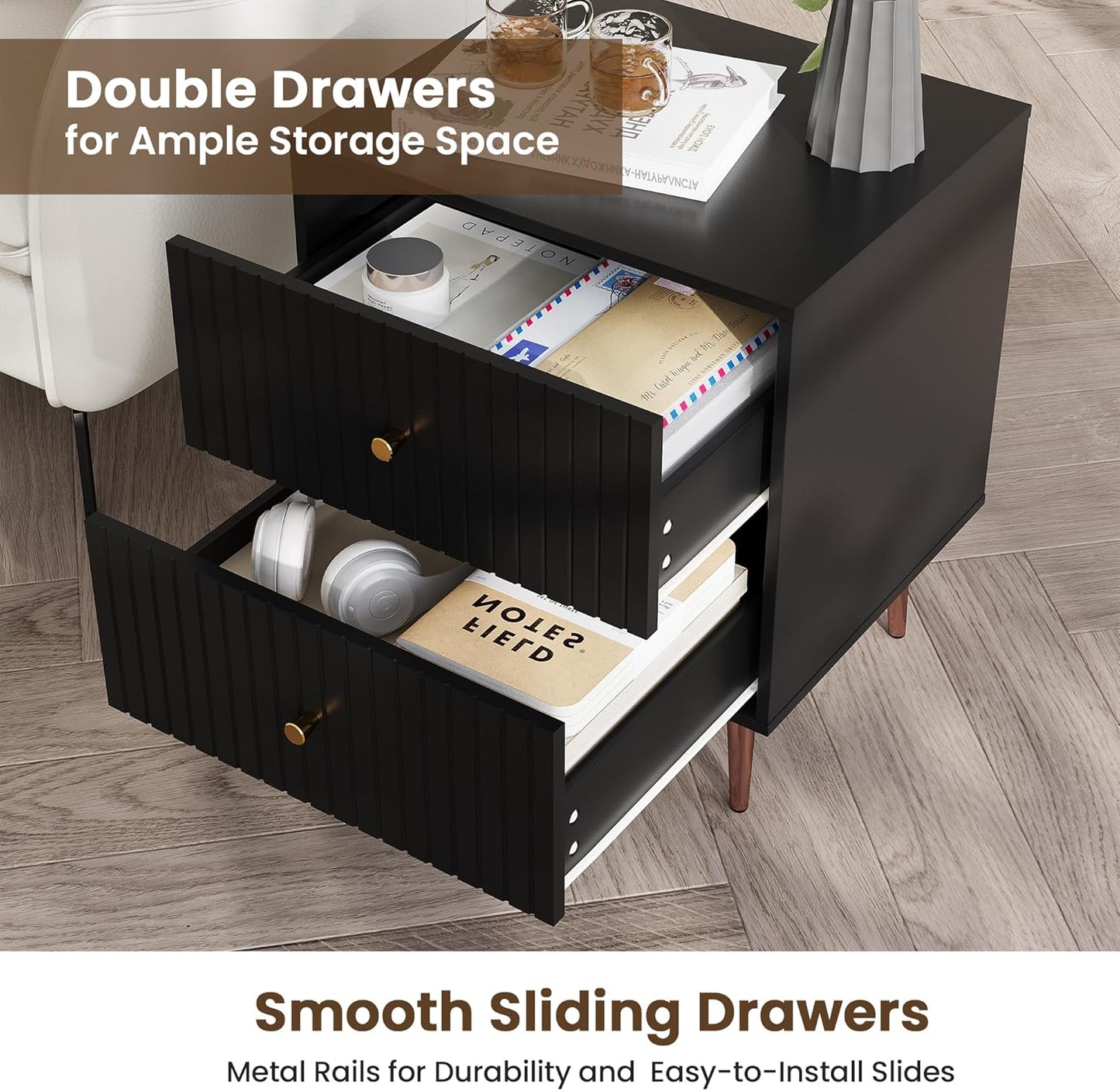 Black Night Stand Set 2,Fluted Nightstand with Door and Open Storage Space,Modern Bedside Table and Wood End Side Table with Golden Metal Legs and Handles for Bedroom,Black (Black, 2 Drawers)