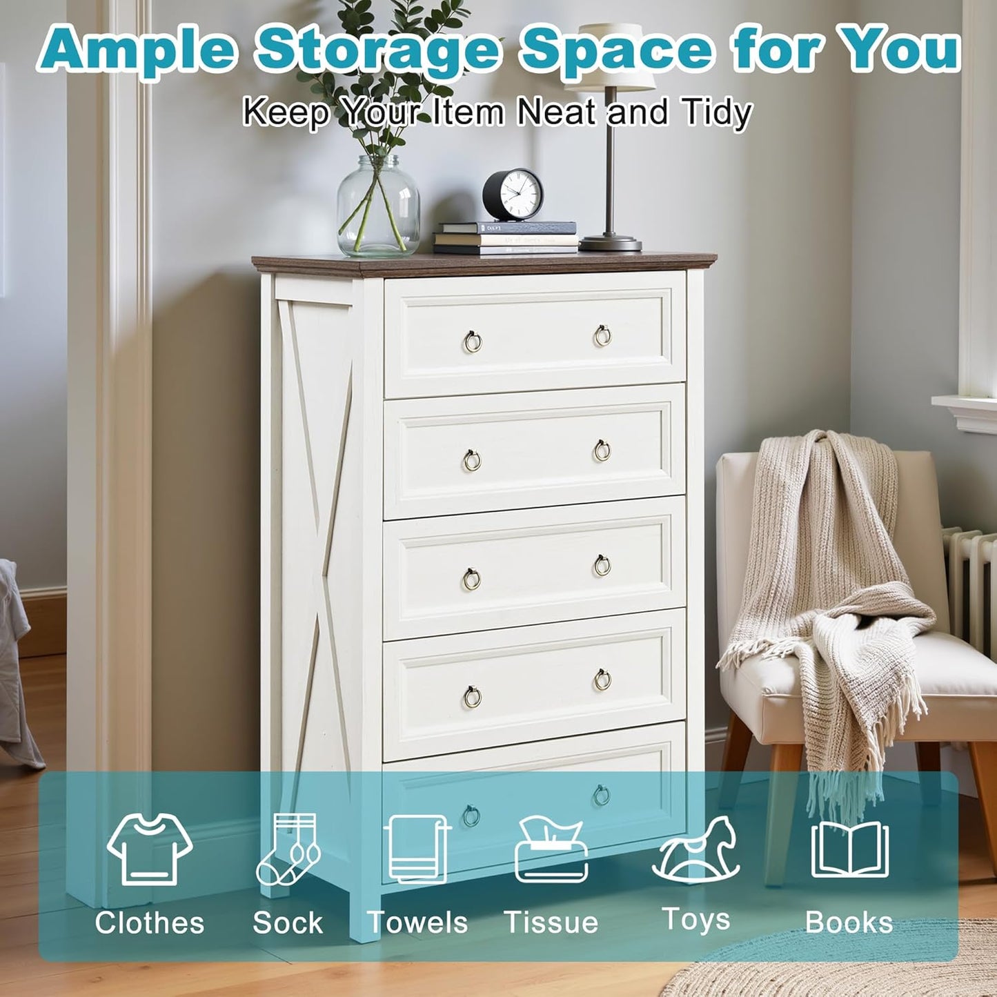 31.3" Farmhouse Sideboard Buffet Cabinet with Storage, Kitchen Buffet Storage Cabinet with 5 Drawers, Modern Wood Accent Sideboard for Living Room, Kitchen, Hallway(Ivory White)