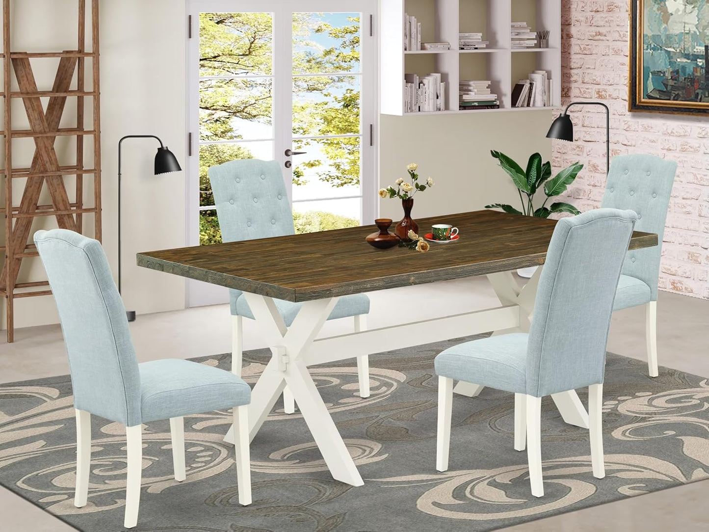 East West Furniture X077CE215-5 5 Piece Dining Table Set for 4 Includes a Rectangle Kitchen Table with X-Legs and 4 Baby Blue Linen Fabric Parson Dining Chairs, 40x72 Inch, Multi-Color