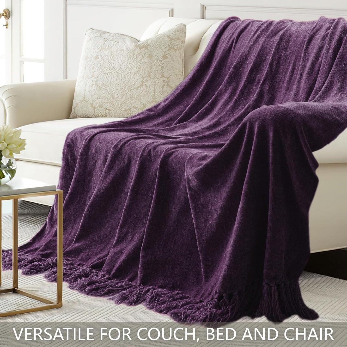 Chenille Throw Blanket for Couch 50"X 60", Soft Cozy Throws with Fringe Tassel for Bed Sofa Chair Cover, Lightweight Knitted Decorative Boho Blankets for Living Room, Dark Purple