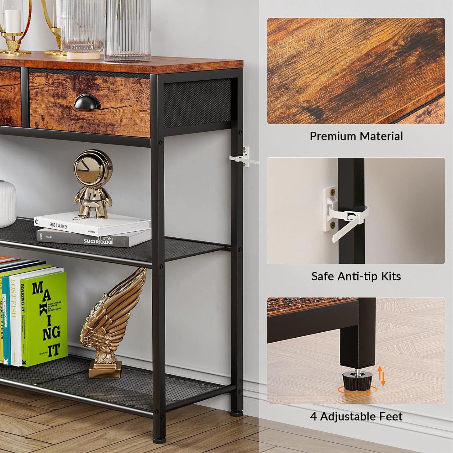 Furologee Entryway Table, 38'' Console Sofa Table with 3 Fabric Drawers, Industrial Entry Way Table with Storage Shelves, Display Shelf for Living Room, Hallway, Entrance, Foyer, Rustic Brown