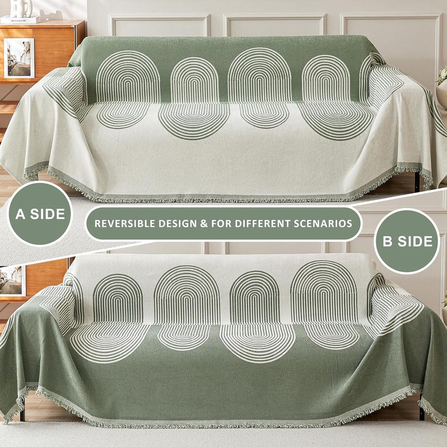 STACYPIK Green Geometric Couch Cover Boho Sofa Cover for Sectional Non-Silp Sofa Covers for Dogs Reversible Beige Couch Cover Loveseat Cover L Shaped Furniture Protector for 3 Cushion Couch-71X134IN