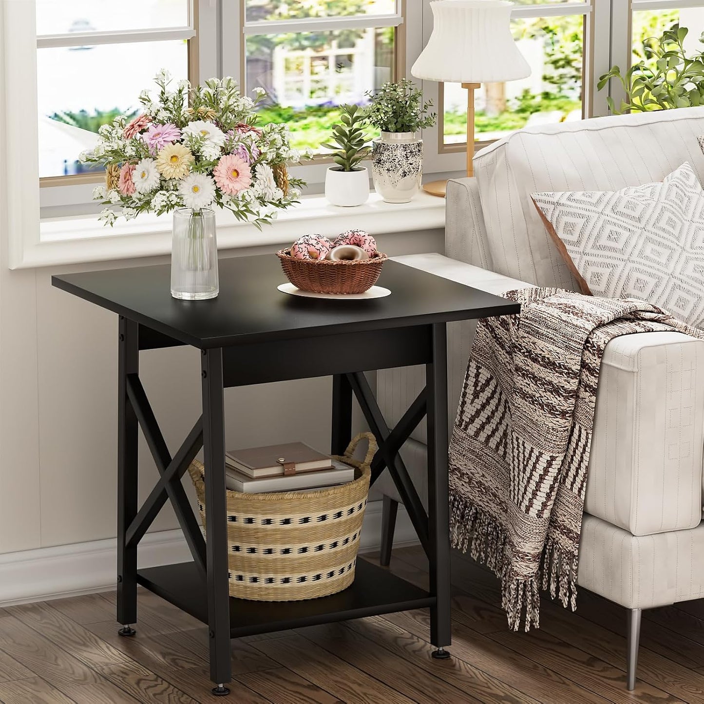 GreenForest End Table 24 inch for Living Room, Large Square Side Tables with X-Frame, Tall Industrial Bedside Nightstand with 2-Tier Storage, Black