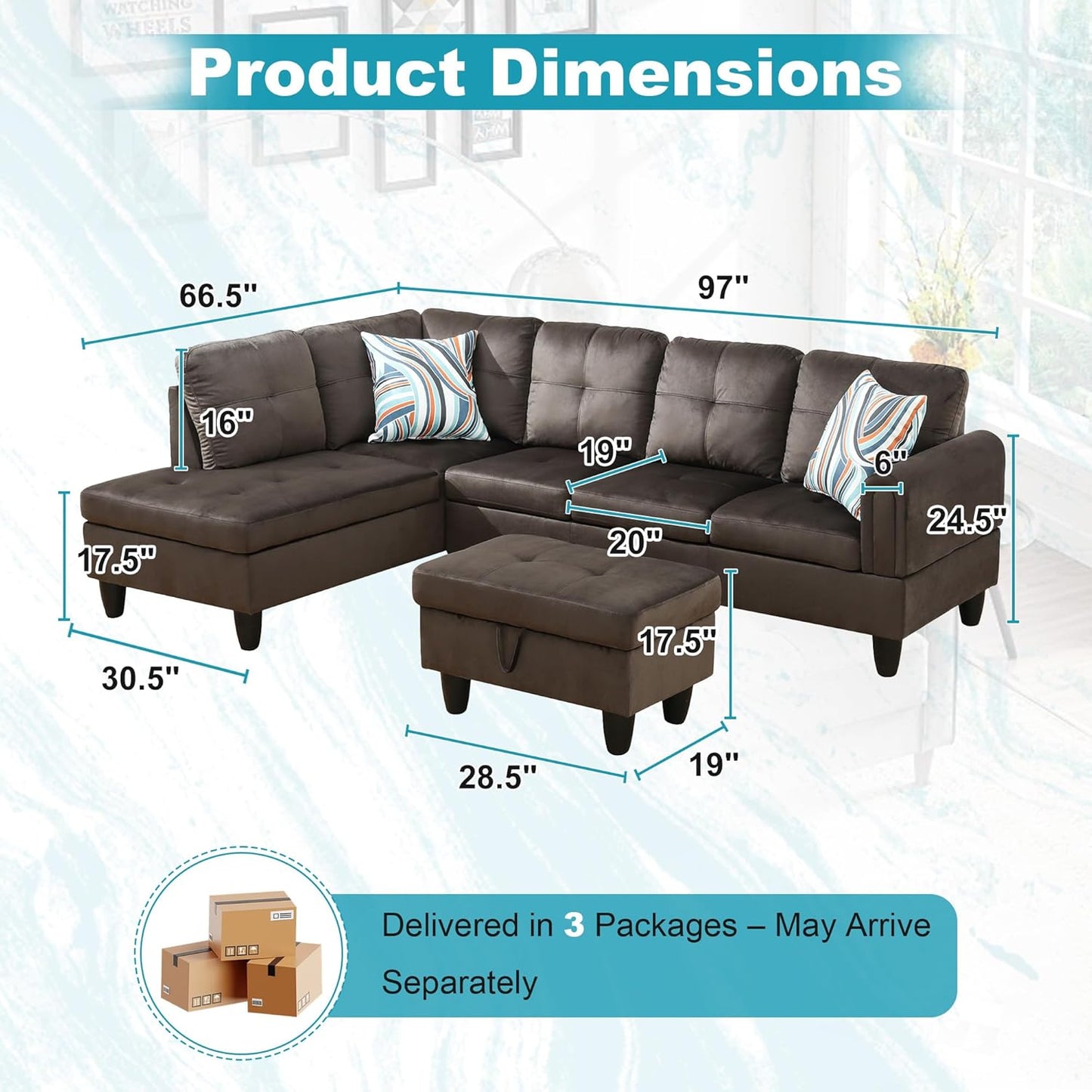 97" Oversized Sectional Couch, L Shaped Couch with Storage Ottoman, Modern Modular Sofa with Deep Seat, Sectional Couches for Living Room and Office, Dark Brown (Flannel)