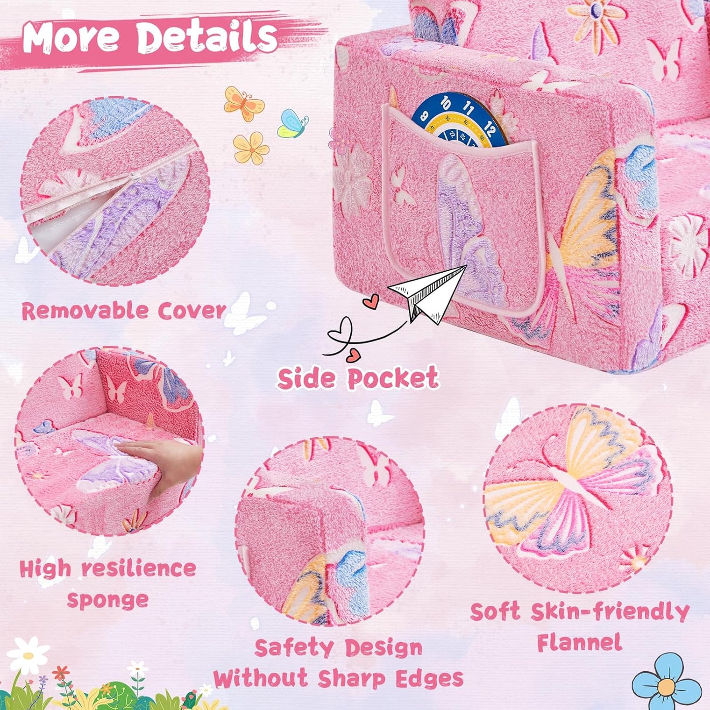 Toddler Chair Comfy,2-in-1 Soft Toddler Couch Fold Out for Kids,Convertible Sofa to Lounger,Gift for Girls and Boys Birthday,Butterfly