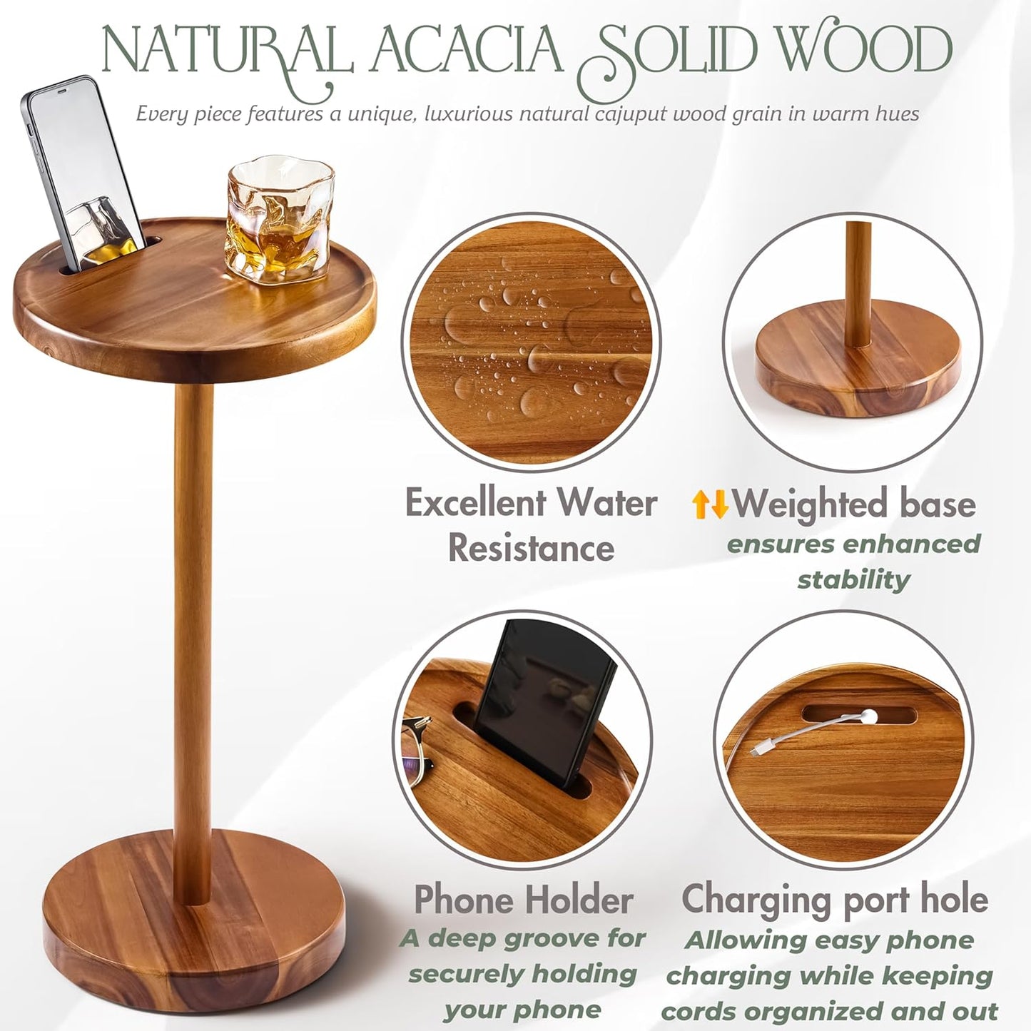 Drink Table, 24.4" Tall Compact Side Table with Phone Slot and Weighted Base, Durable Pedestal Table Accent for Living Room (Flat, Acacia)