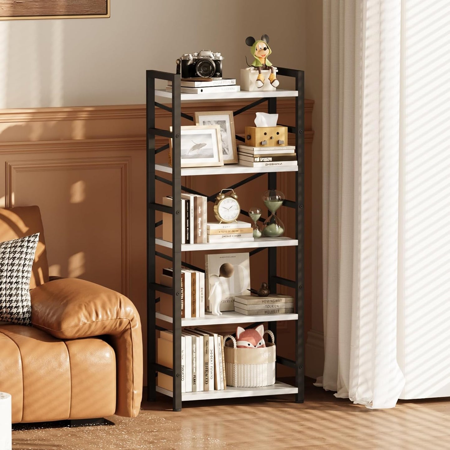 Homeiju Organization and Storage, 5 Tier Bookshelf, Tall Bookcase with Shelves, Wood and Metal Book Shelf Storage Organizer, Industrial Display Standing Shelf Unit for Bedroom, White