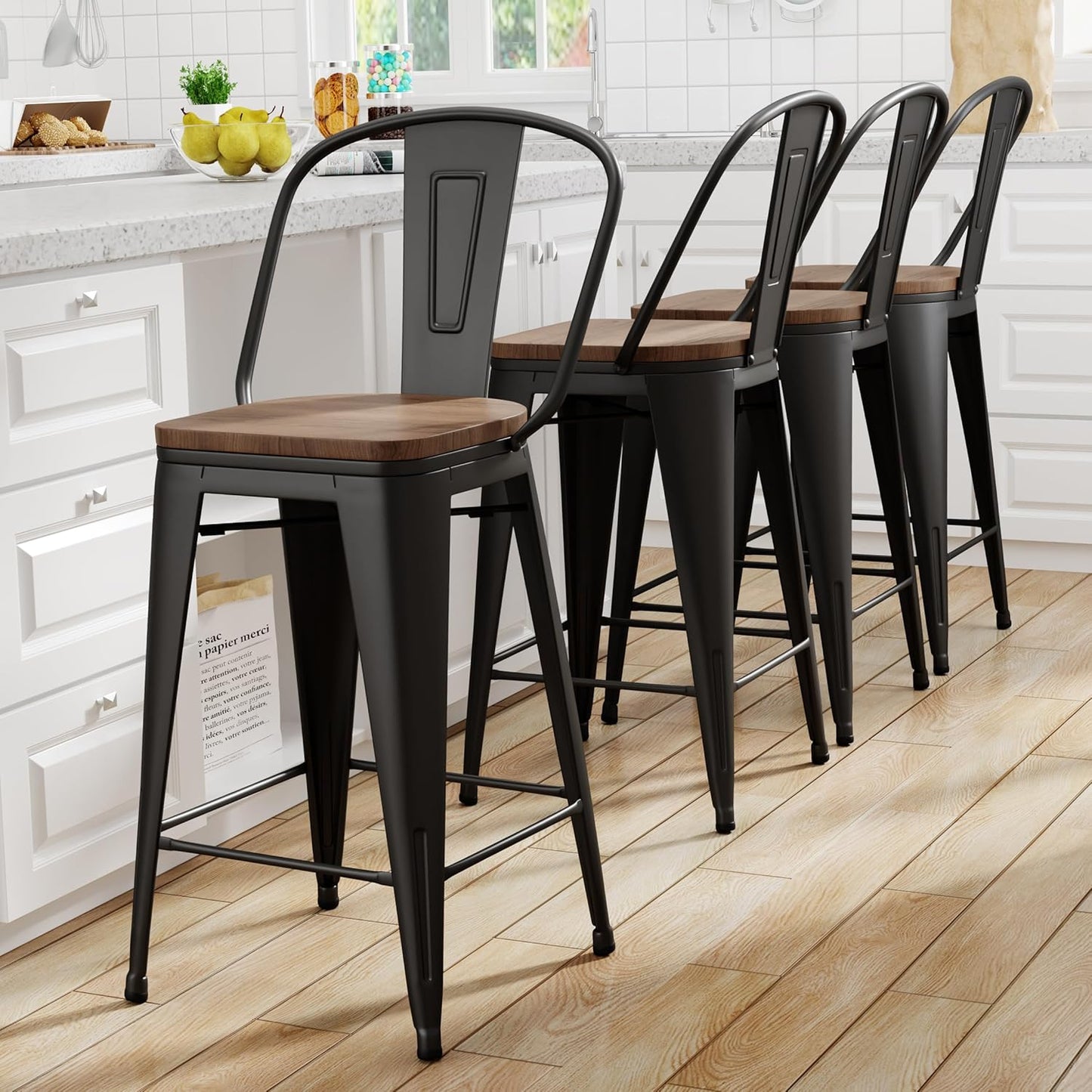 Yongqiang 26 inch Bar Stools Set of 4 High Back Metal Kitchen Counter Height Bar Chairs Barstools with Large Wooden Seat Industrial Matte Black