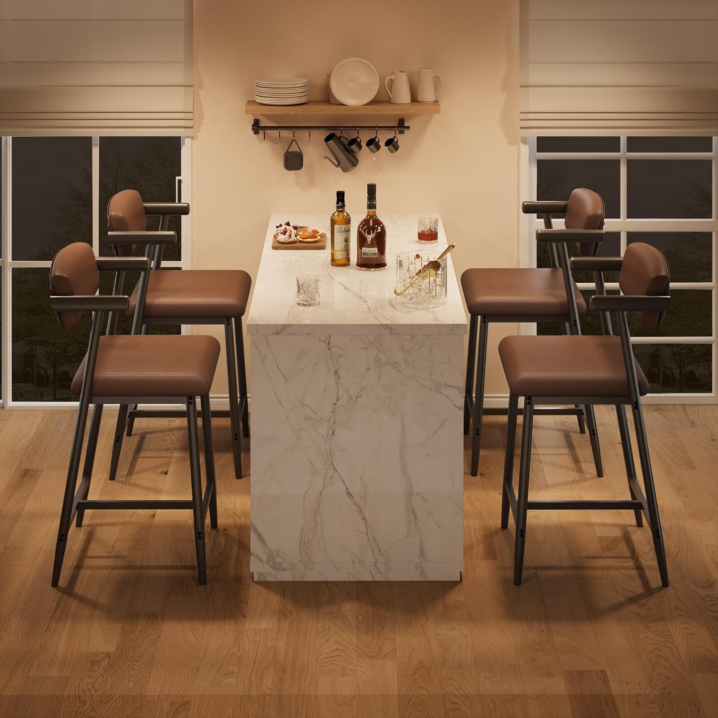 GarveeHome Bar Stools Set of 2, 26.5" Upholstered Counter Height Bar Stools for 2 with Armrest, Wider Thickened Cushion, Bar Chairs with Backrest for Bar, Dining Room, Kitchen, Retro Brown