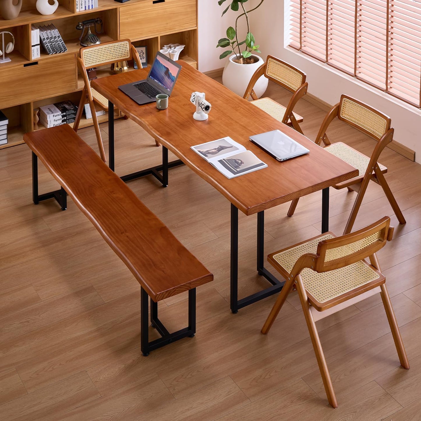 Solid Wood Administrative Desk, Dining Table with Durable Metal Legs, Uniquely Designed Leisure Table, Perfect for Restaurants and Home Offices, (Wood Brown, 78.74in)