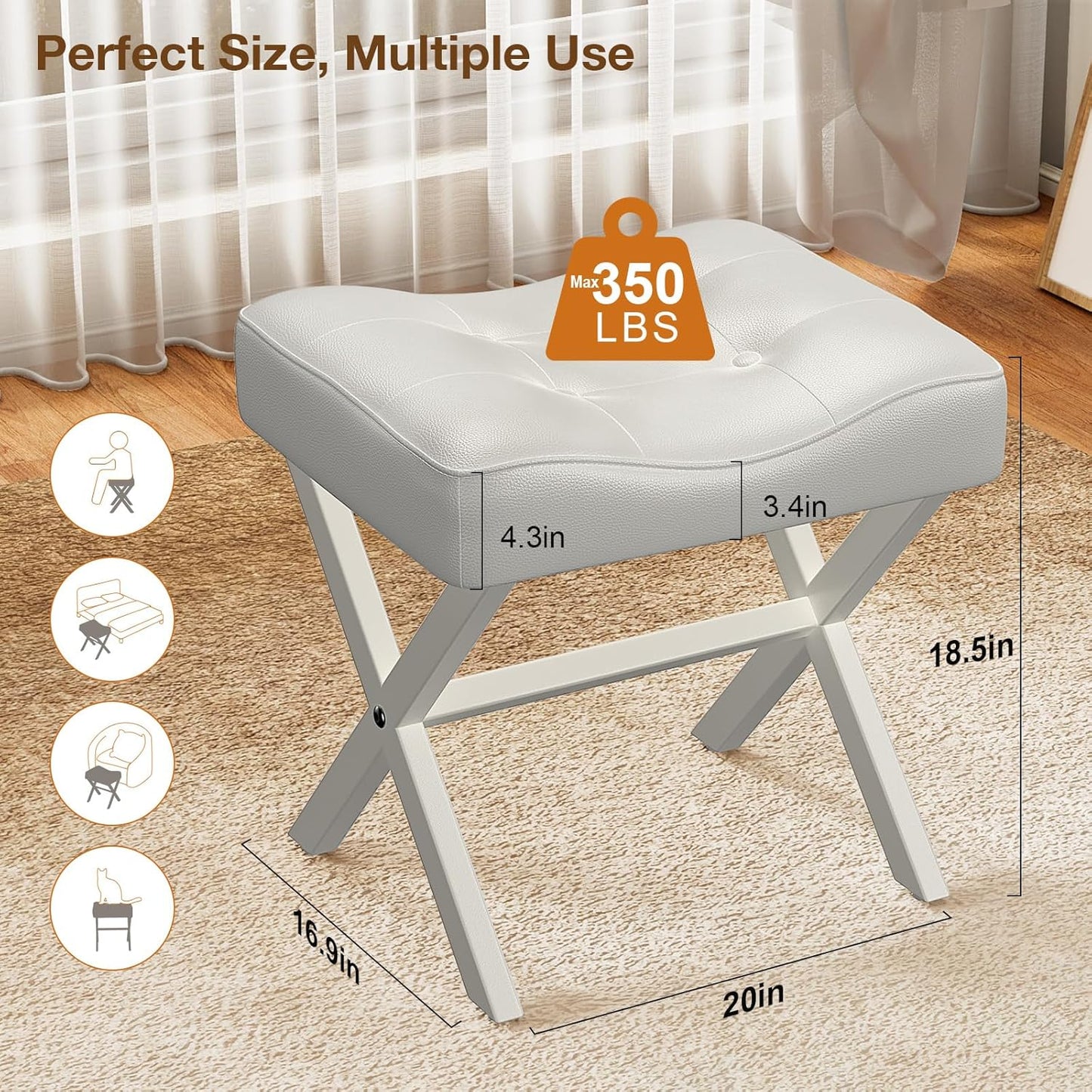 18-Inch Large Leather Vanity Stool, Vanity Chair with Metal X-Leg, Ottoman Foot Stool with Thick Padded Saddle Seat, White