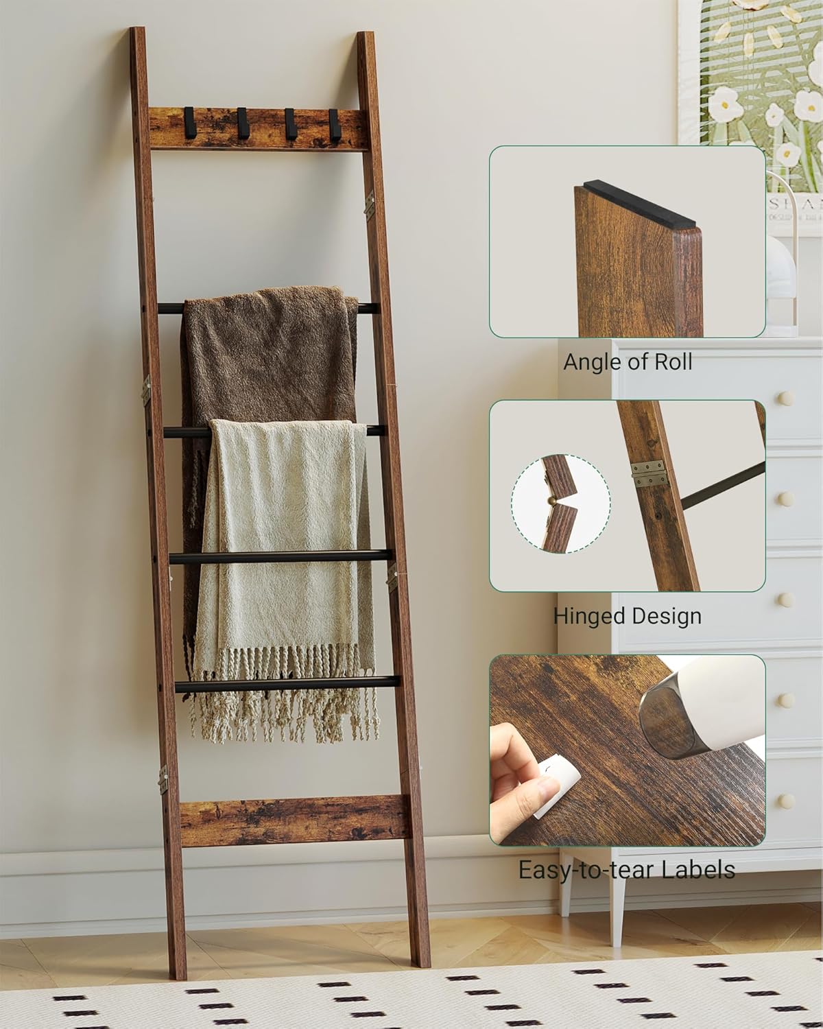 Blanket Ladder for Living Room, Decorative Quilt Rack with 4 Removable Hooks, 5-Tier Farmhouse Ladder Holder Shelf Organizer for Bedroom, Rustic Brown and Black BR31501B