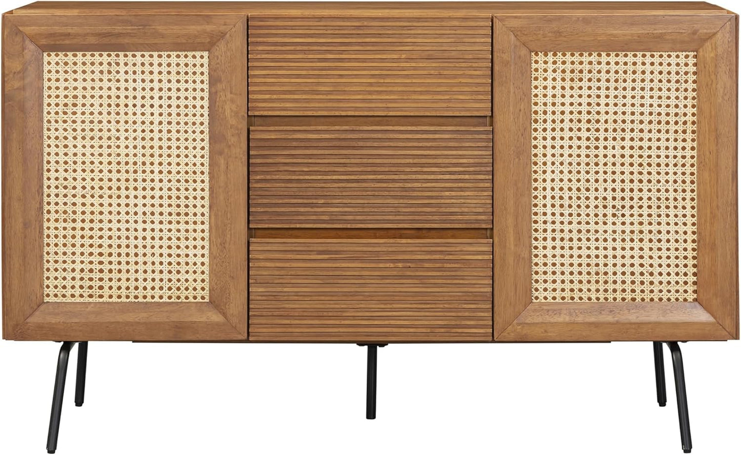 NTC MOSSIC Sideboard with 2 Doors and 3 Drawers, Buffet Cabinet with Natural Rattan and Metal Legs, Modern Storage Cabinet for Living Room, and Hallway, Effortless Assembly, Teak Look