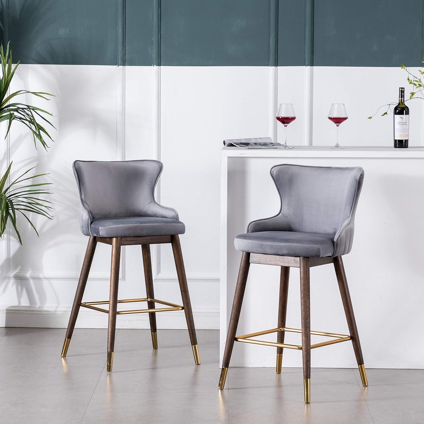 Roundhill Furniture Leland Fabric Upholstered Wingback Bar Stools, Set of 2, Gray