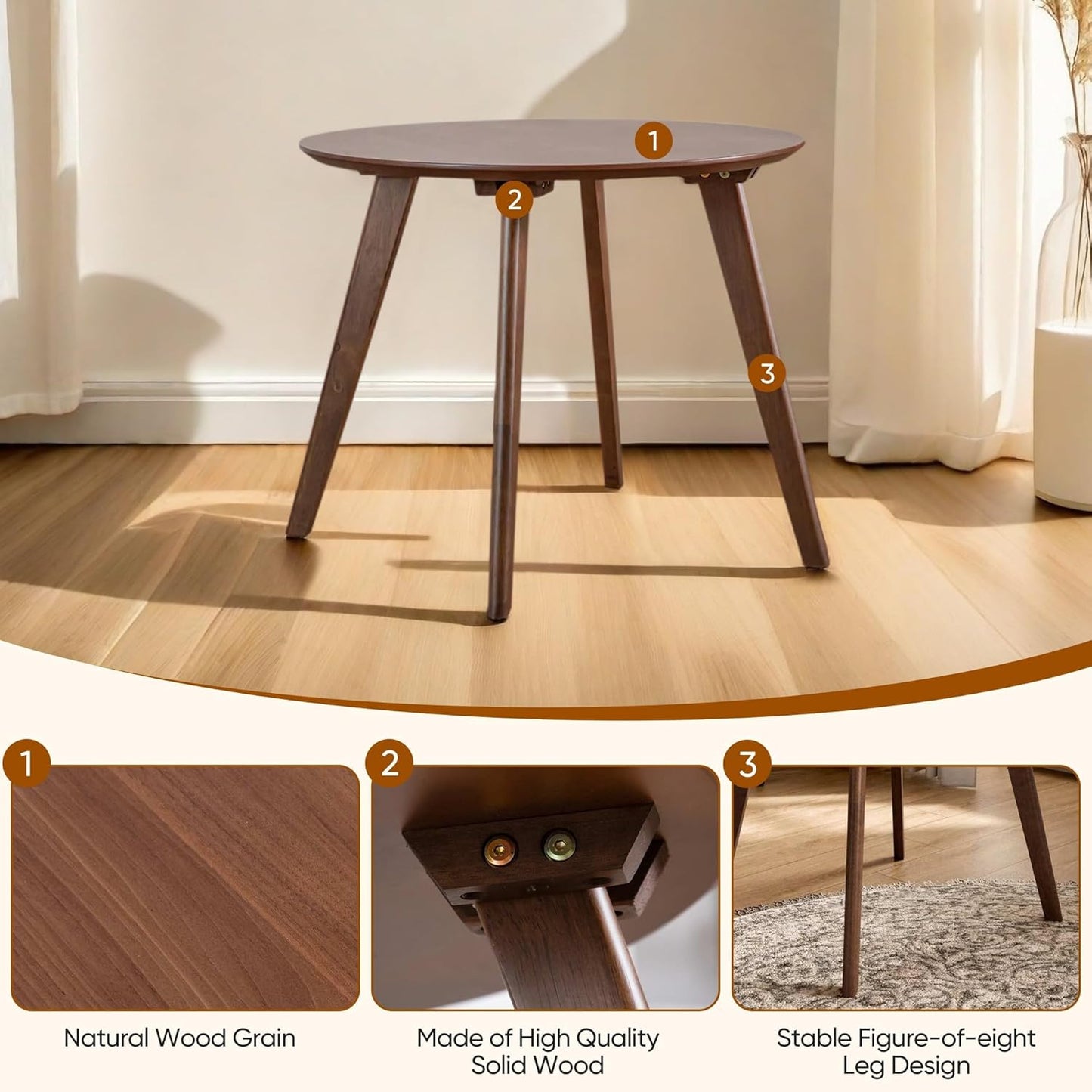 2-Piece Dining Table Set, Mid Century Modern Solid Wood, Round Side Table Set with Upholstered Chair, Easy Assembly for Home, Office and Living Room, Walnut