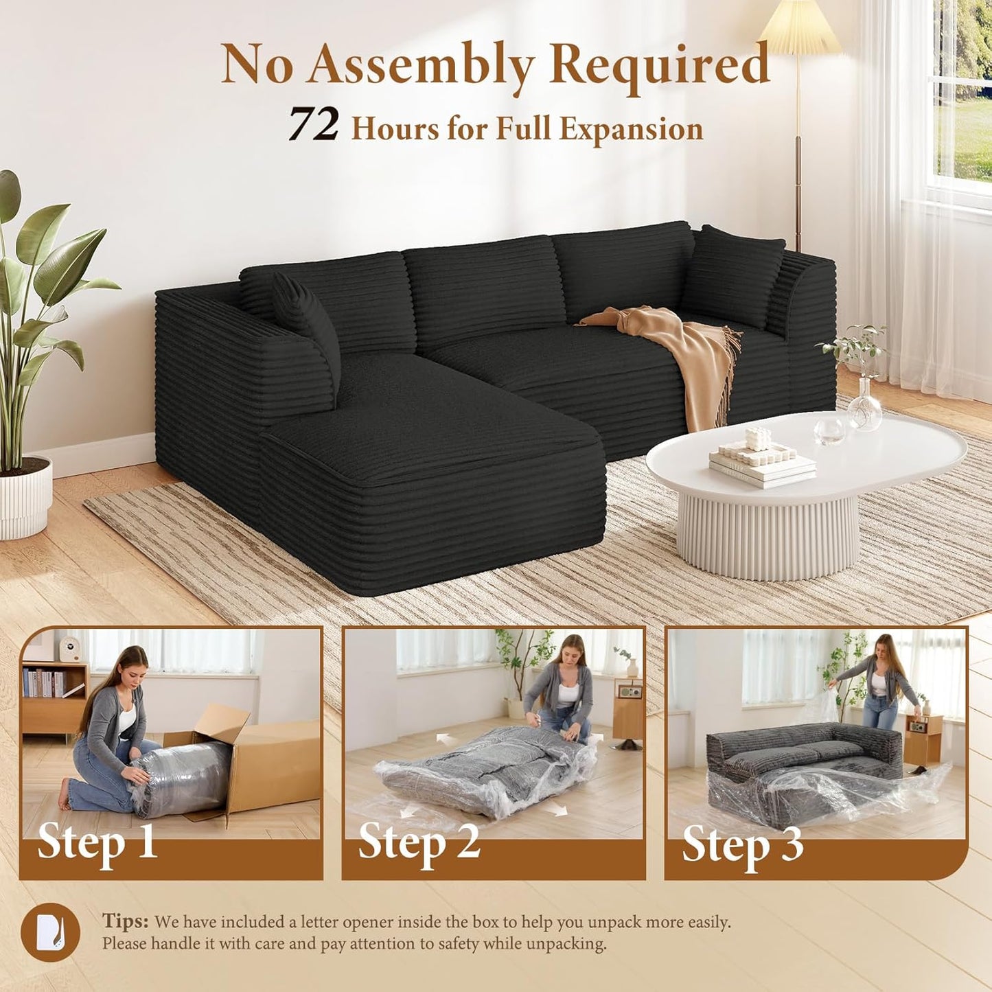 Vesgantti 106" Boneless Couch with Chaise, Deep Seat Comfy Cloud Modular Sofa Corduroy Memory Foam Sectional Couches for Living Room Bedroom, No Assembly Required (Black, Left-Facing Chaise)