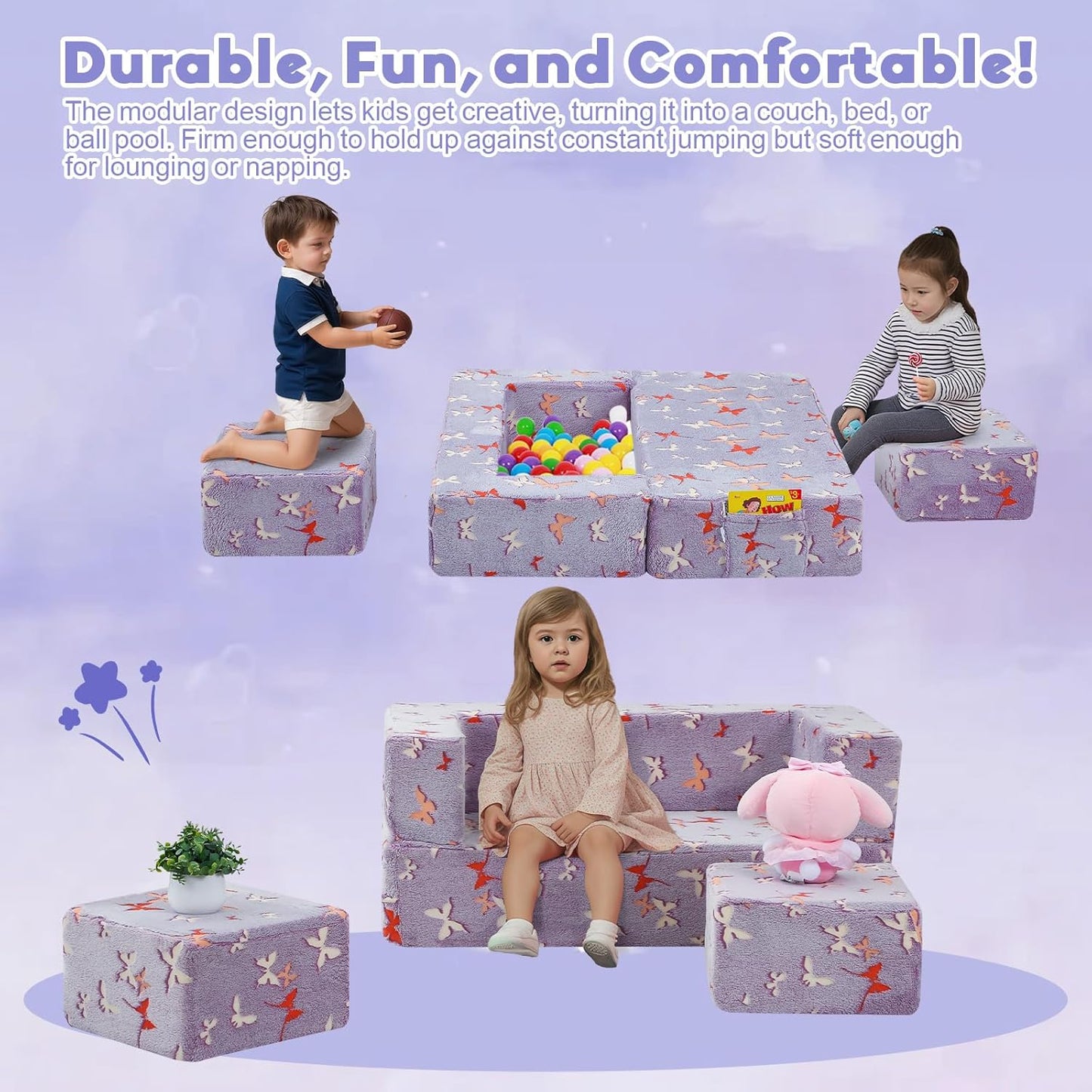MeMoreCool Modular Kids Couch, Glow Play Toddler Couch for Bedroom Playroom, Convertible Foam Kids Sofa Bed, Fold Out Baby Sofa for Girl Boy, Butterfly