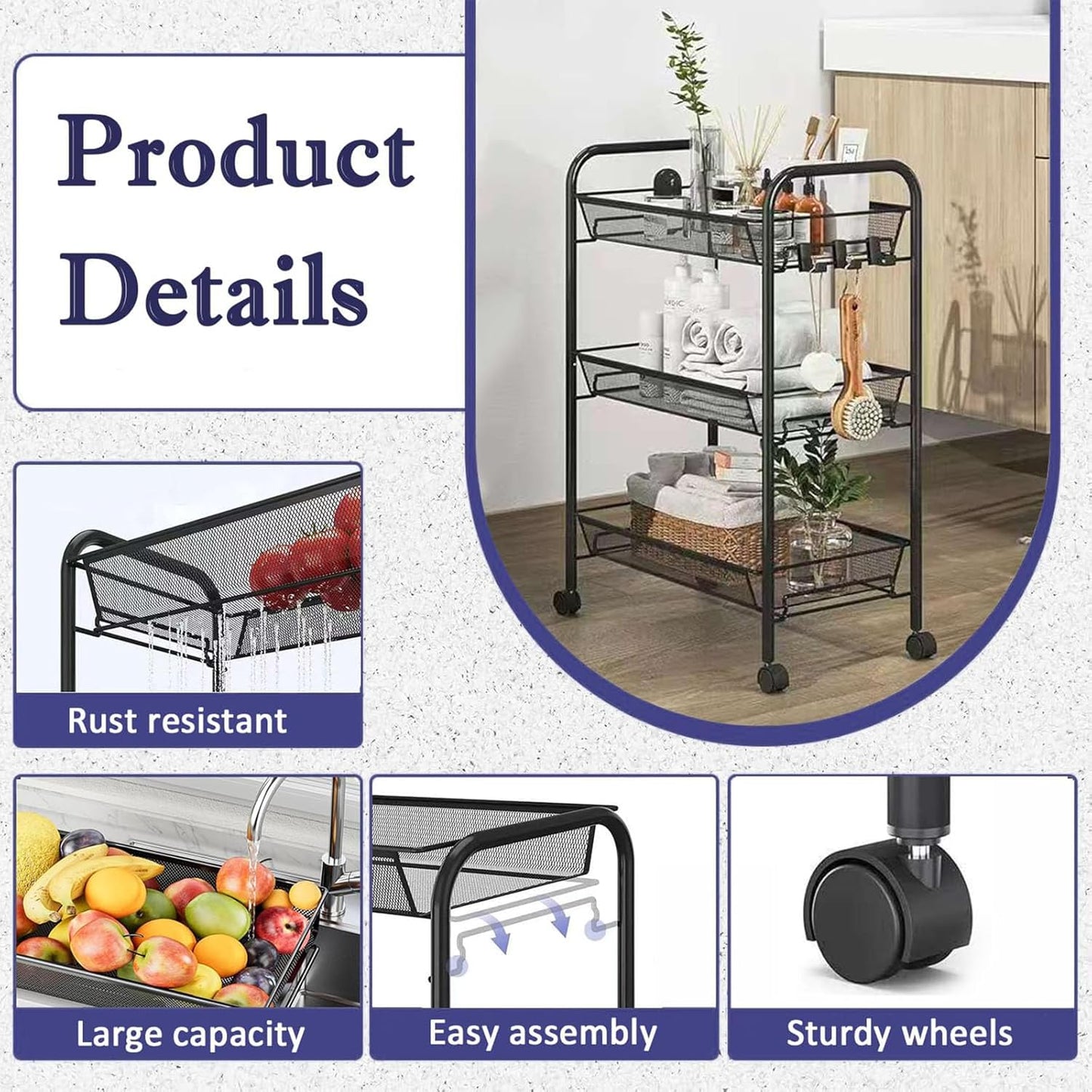 3 Tier Rolling Cart, Mesh Wire Utility Carts, Metal Storage Shelf with Wheels & 4 Side Hooks, for Laundry Room Organization, Kitchen, Living Room, Bathroom, Pantry, Dorm & Under Desk Storage