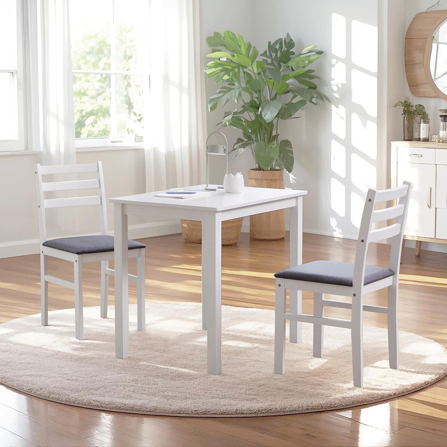 Livinia Seattle Modern Farmhouse Kitchen Dining Room Chair Set of 4, Solid Wood Fabric Upholstered Cushion Seat Wood Ladder Back Chairs (White)