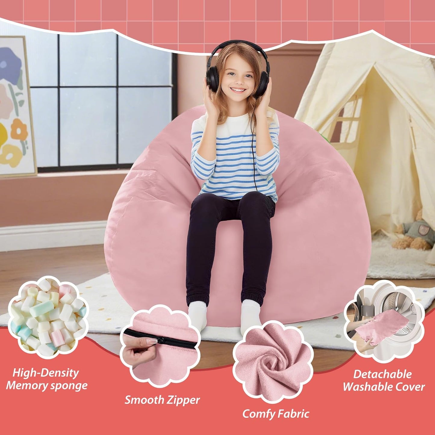2FT Bean Bag Chair with Ultra Soft Velvet Cover Bean Bag Sofa with Memory Foam Bean Bag Chairs with Large Size Lazy Sofa for Dorm Office Living Room Bedroom Light Pink 2'