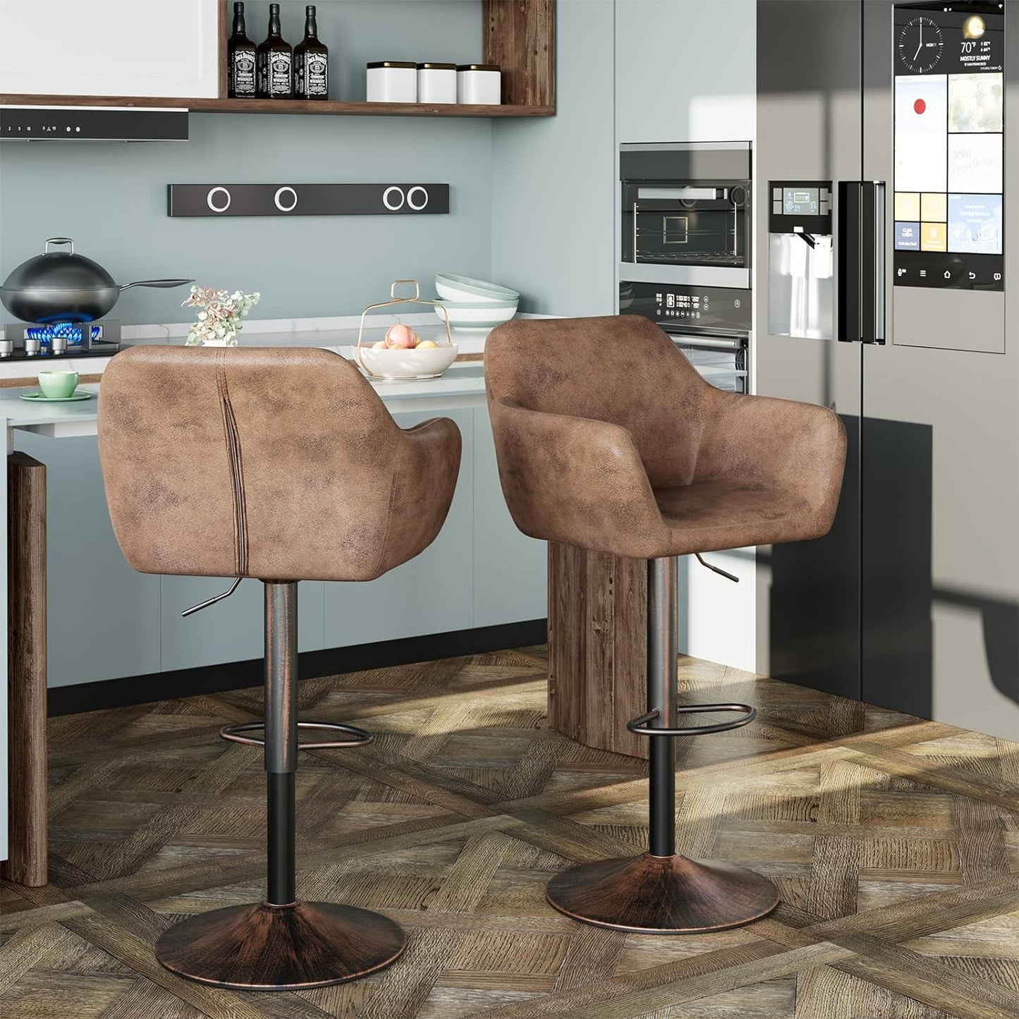 Keyluv Bar Stools Set of 2 for Kitchen Counter Adjustable Swivel Height Barstools 29 Inch Faux Leather Bar Chairs with Padded Back and Chromed Metal Base, Retro Brown