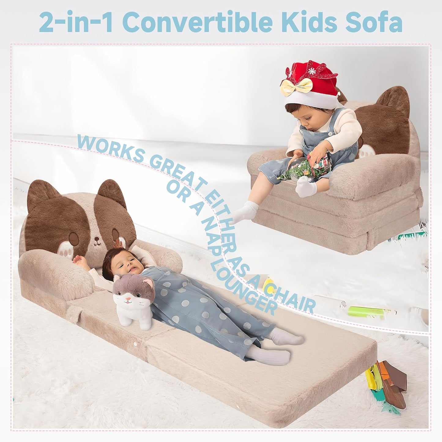 MONKISS Kids Couch, Comfy Toddler Chair, 2 in 1 Fold Out Kids Sofa to Lounger, Baby Sleeper Chair, Toddler Furniture, Birthday Gifts for Boys and Girls, 1~4 Years Old, Cute Dog