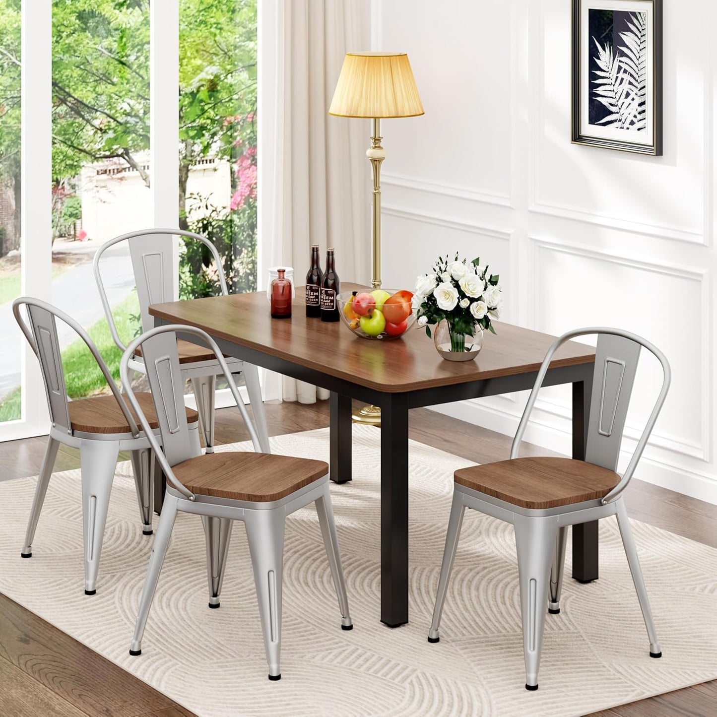 18 Inch Metal Dining Chairs,Arlunar Farmhouse Chairs Set of 4 Black Dining Room Chairs Stackable with Back and Wooden Seat bar stools