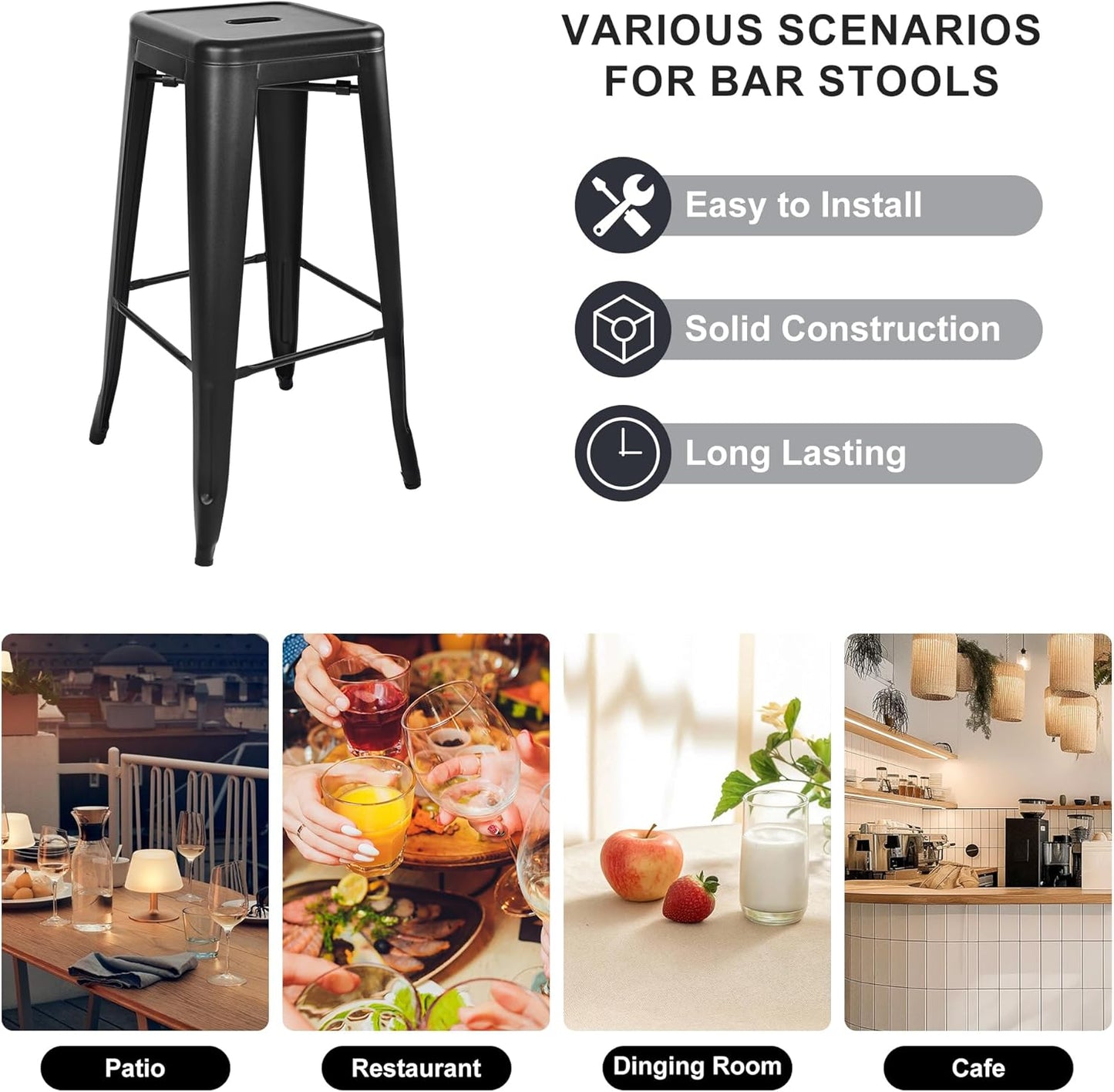 30 Inches Metal Bar Stools, High Backless Stools, Indoor Outdoor Stackable Kitchen Stools, Set of 4, Dark