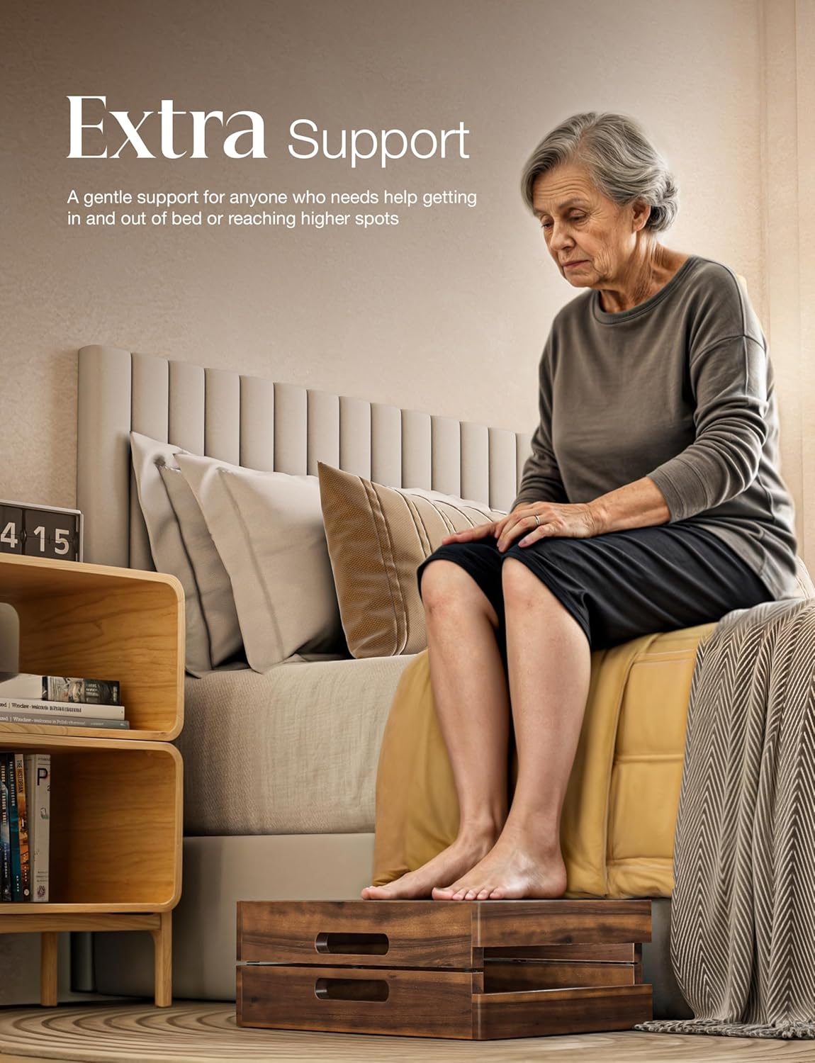 HOLANA 25in Wood Step Stool for Adults - Foldable Stepping Stool for Adults, Half Steps for Seniors - Acacia Wood Platform, Mobility Step - Wooden Platform 400 Lbs, Integrated Handles (Walnut Color)