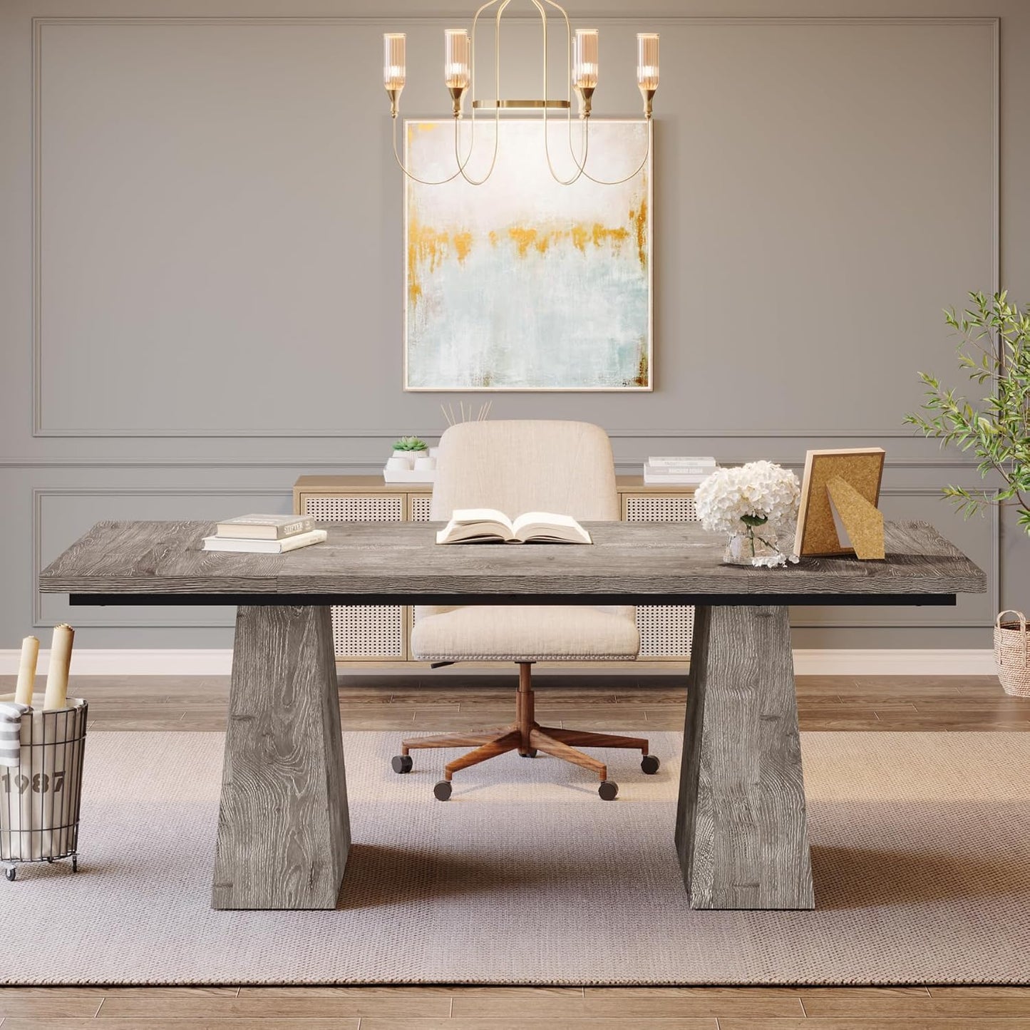 Tribesigns 63-Inch Executive Desk, Large Office Computer Desk with Double Pedestal, Modern Simple Workstations Writing Table Conference Table Business Furniture for Home Office, Grey