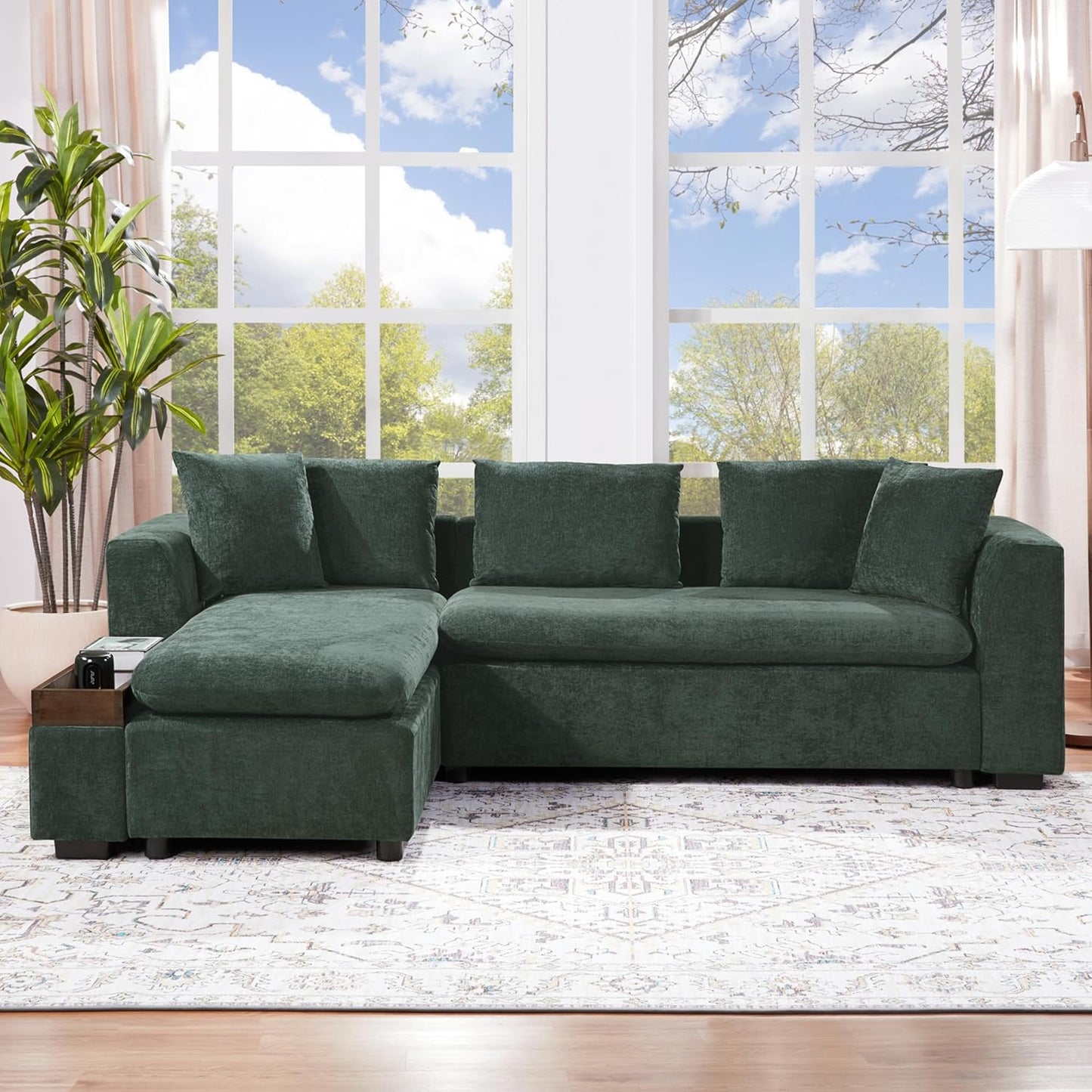 Merax 93.7" L-Shaped Sectional Sofa with Wooden Storage Compartment, Chenille Upholstered Deep Seating Sleeper Couch & Chaise Lounge and Throw Pillows for Living Room, Green