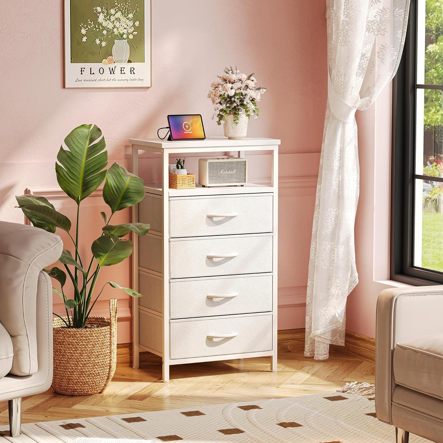 Huuger Night Stand with Charging Station, Multiple Drawer Dresser for Bedroom, Bedside Table, Tall Nightstand with PU Leather Finish, Open Shelf, End Table, for Closet, Entryway, Bedroom, White