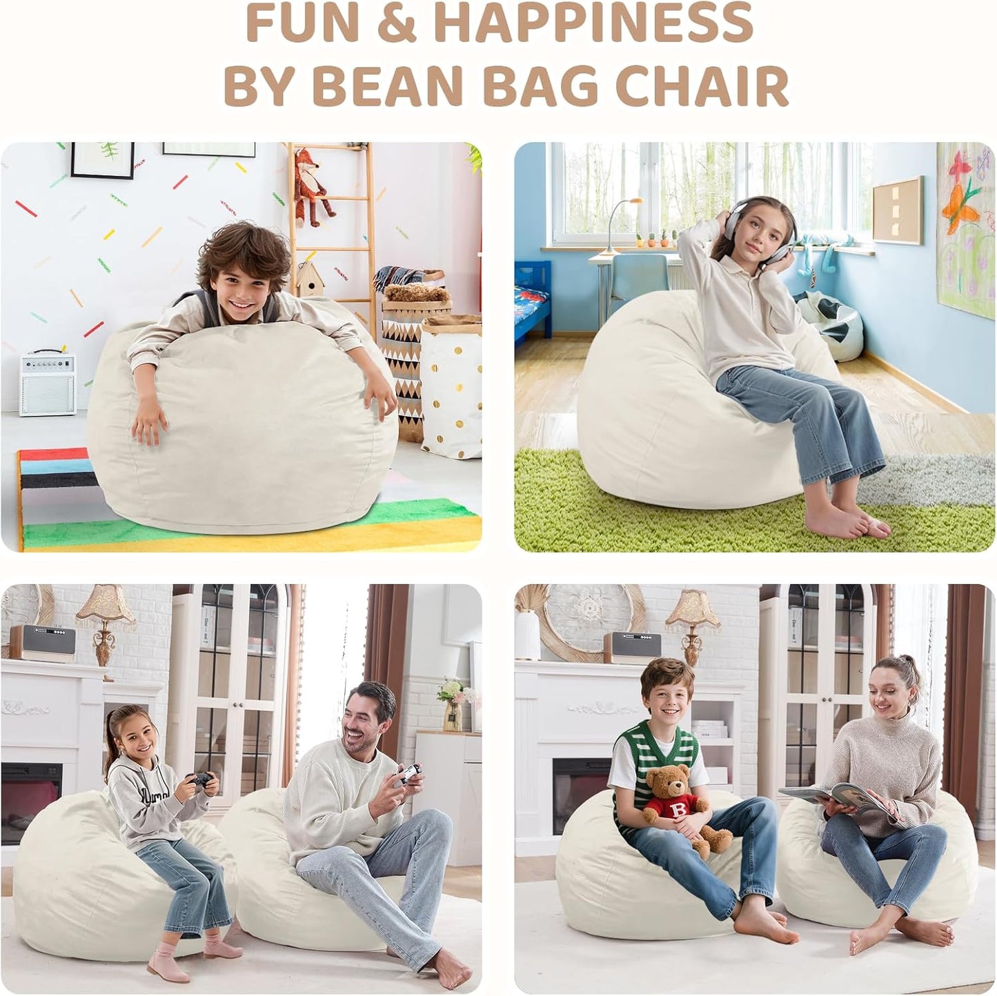 2FT Bean Bag Chair, Comfy Bean Bag Chairs with Memory Foam Filled, Fluffy Beanbag Sofa with Dutch Velvet Cover, Teardrop BeanBag Chairs for Living Room, Playroom - Beige