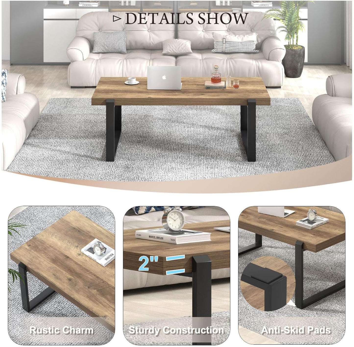 FOLUBAN Rustic Coffee Table, Modern Wood and Metal Industrial Center Table for Living Room, 47 Inch Oak