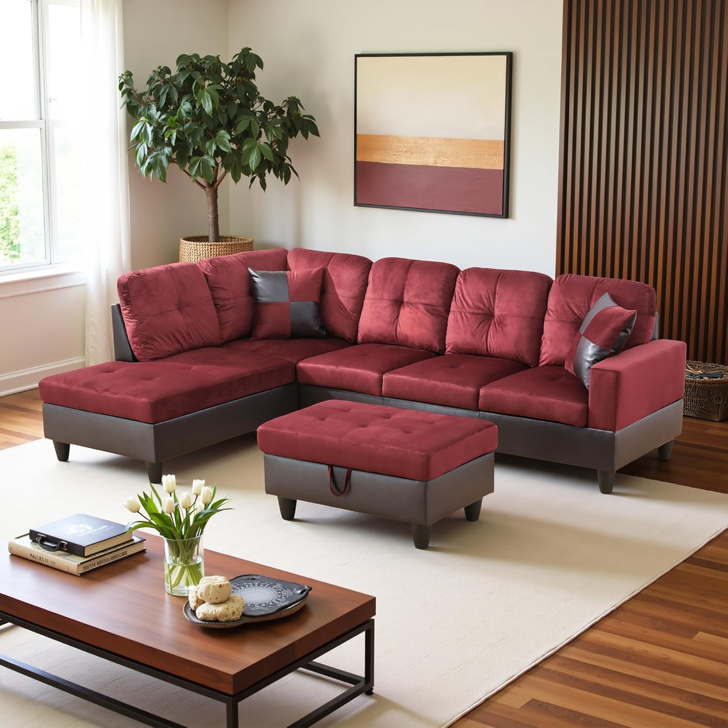 L Shaped Couch Modern Sectional Couch Upholstered Flannel Fabric 3 Pieces Sofas for Living Room with Chaise, Storage Ottoman for Office and Small Apartment, Red