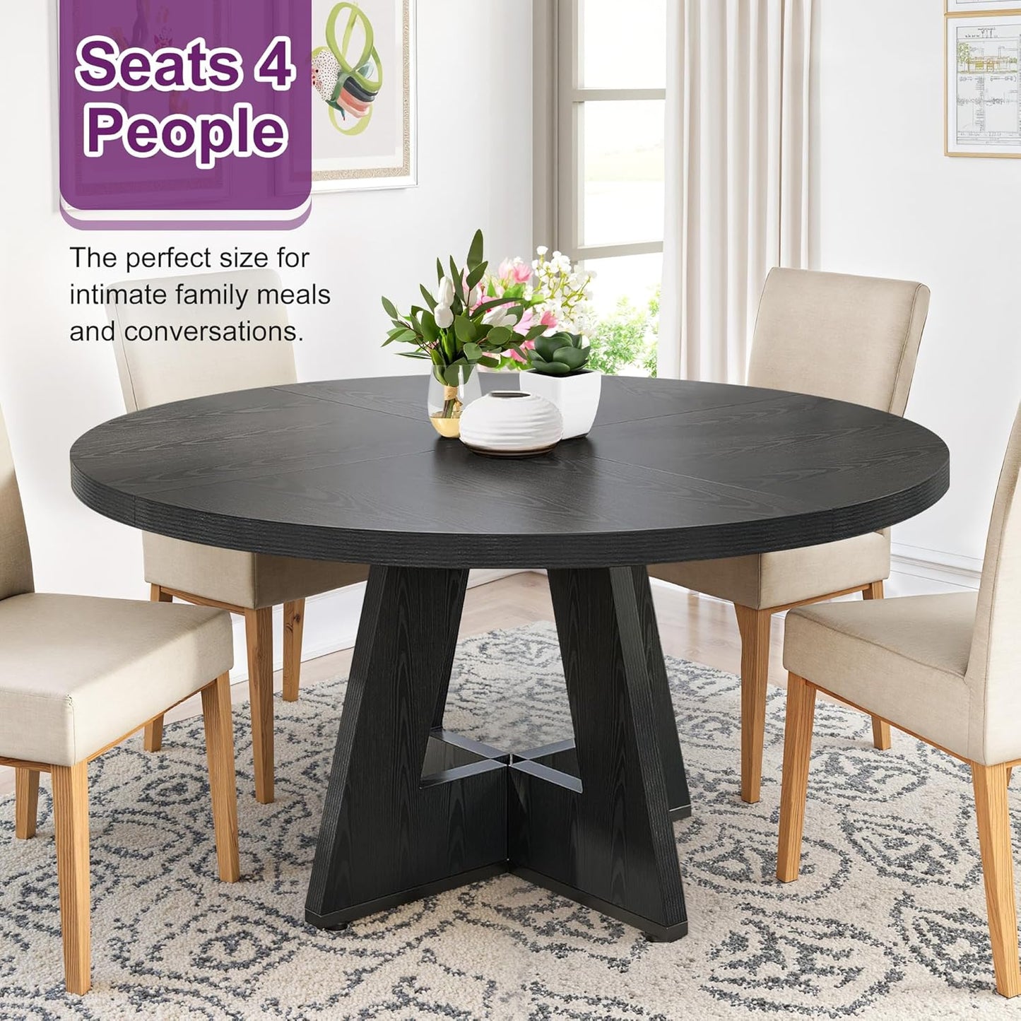 Round Dining Table for 4, 47" Wooden Kitchen Dinner Table Rustic, Farmhouse Table for Dining Room, Living Room, Black