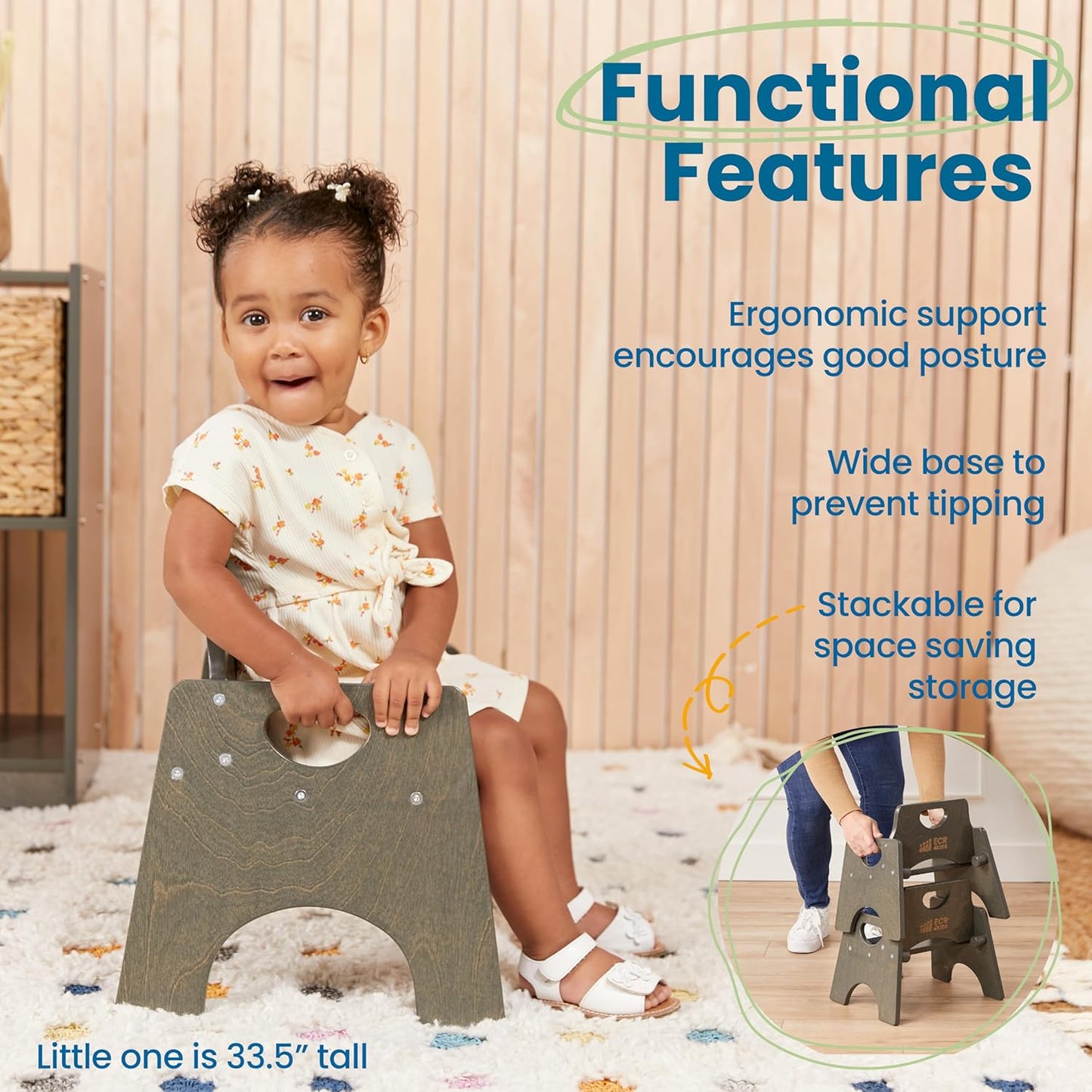 ECR4Kids Stackable Wooden Toddler Chair, 8in, Kids Furniture, Grey Wash, 2-Pack