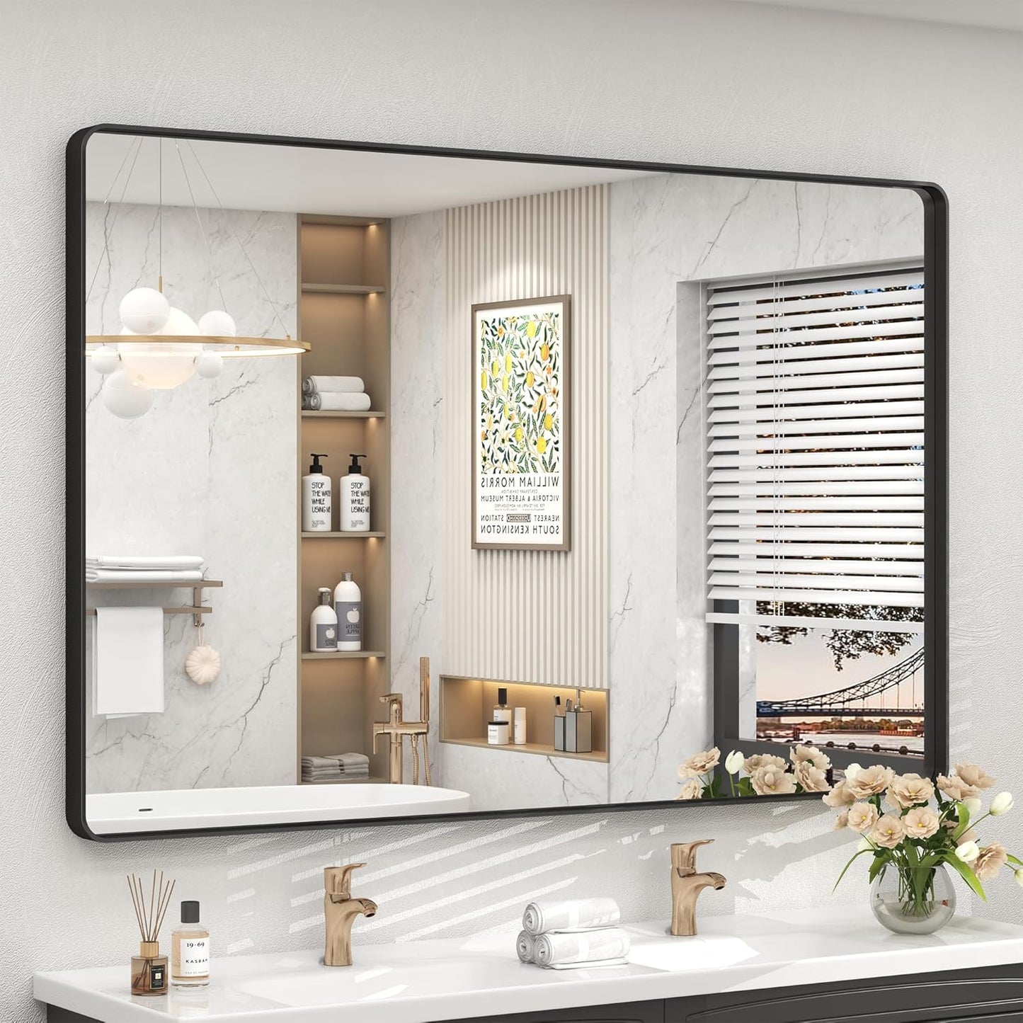 55x40 Inch Black Metal Framed Bathrrom Mirror for Wall, Black Matte Rounded Rectangle Bathroom Vanity Mirror, Anti-Rust, Tempered Glass, Hangs Horizontally or Vertically