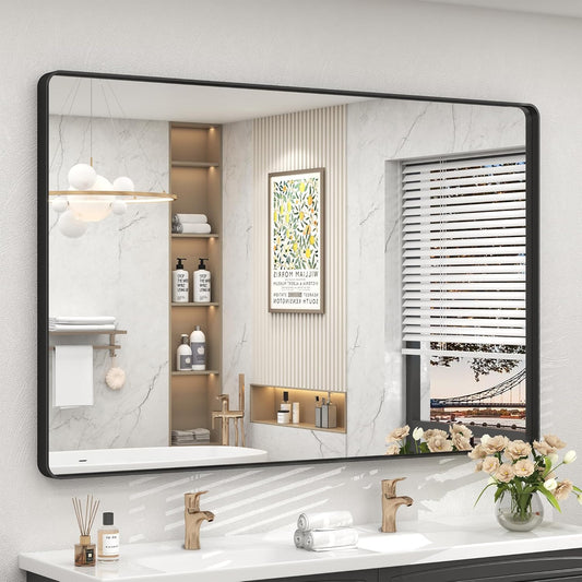 55x40 Inch Black Metal Framed Bathrrom Mirror for Wall, Black Matte Rounded Rectangle Bathroom Vanity Mirror, Anti-Rust, Tempered Glass, Hangs Horizontally or Vertically