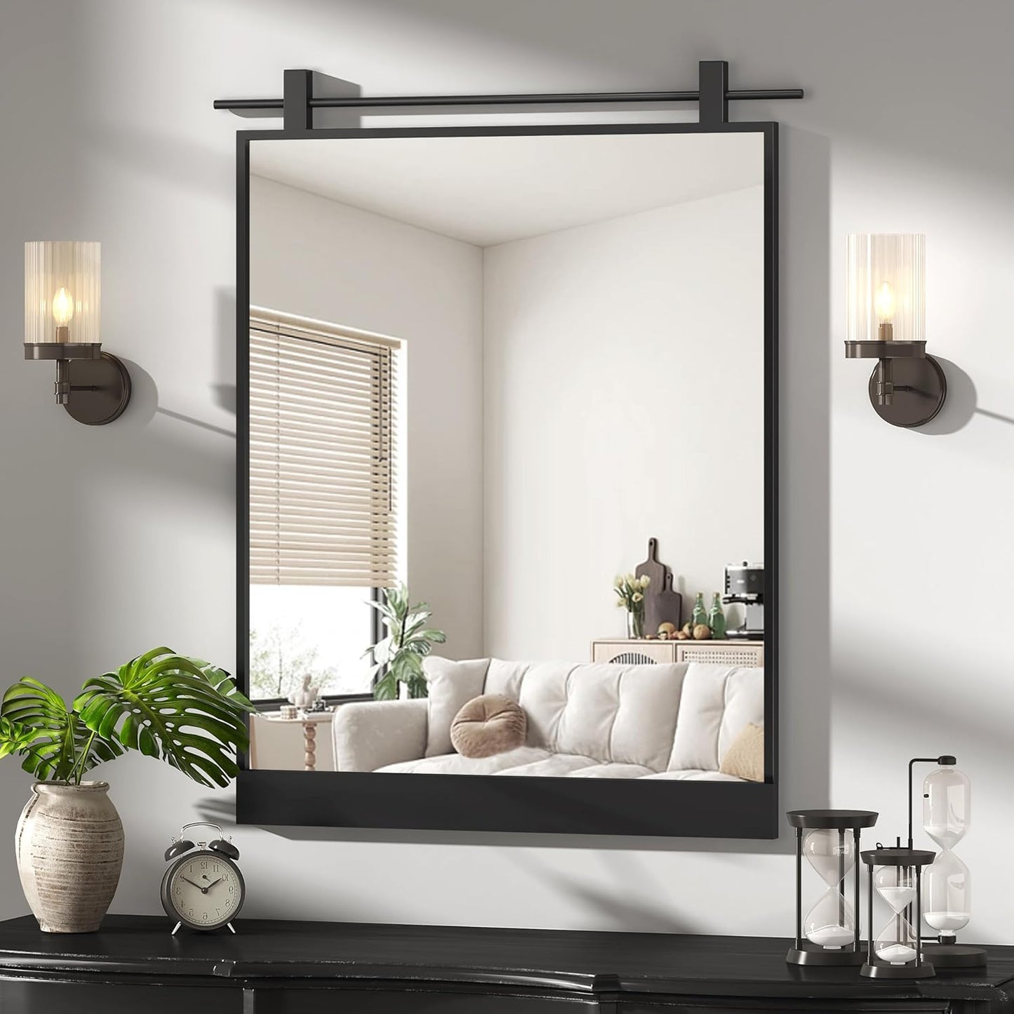 24x32 Inch Rectangle Bathroom Vanity Mirror for Wall Mounted Over Sink Farmhouse Rustic Matte Black Frame Barn Door Mirrors Foyer Entryway Decor