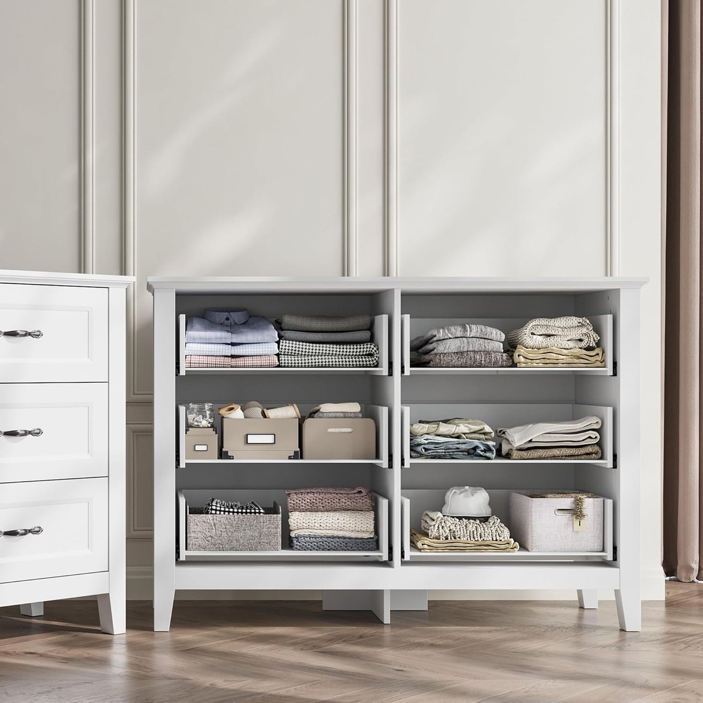 LINSY HOME 6 Drawers Dresser for Bedroom, 47" Wide Wooden Storage Chest with Antique Handles, Modern Farmhouse Dresser TV Stand with Wood Legs for Closet, Living Room, Hallway, White